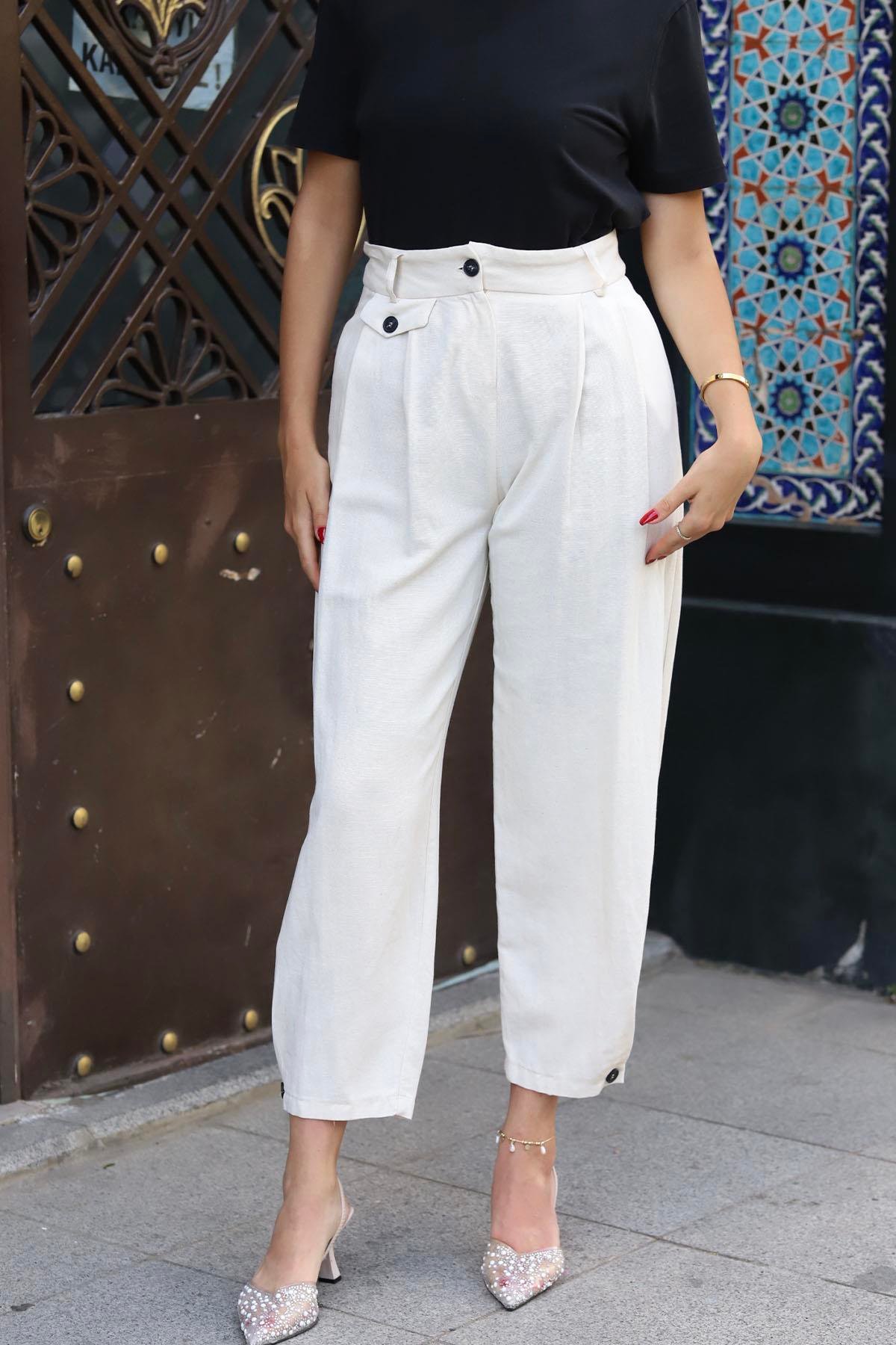 Paça Düğmeli Slouchy Pantolon-TAŞ