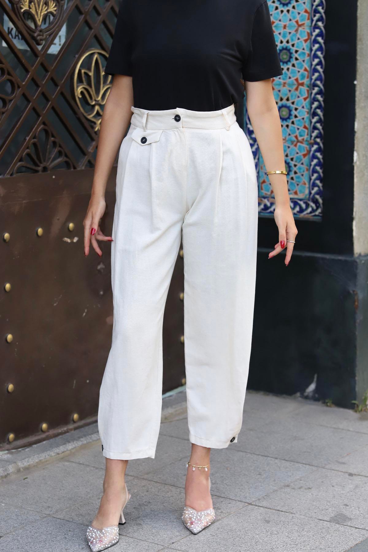 Paça Düğmeli Slouchy Pantolon-TAŞ