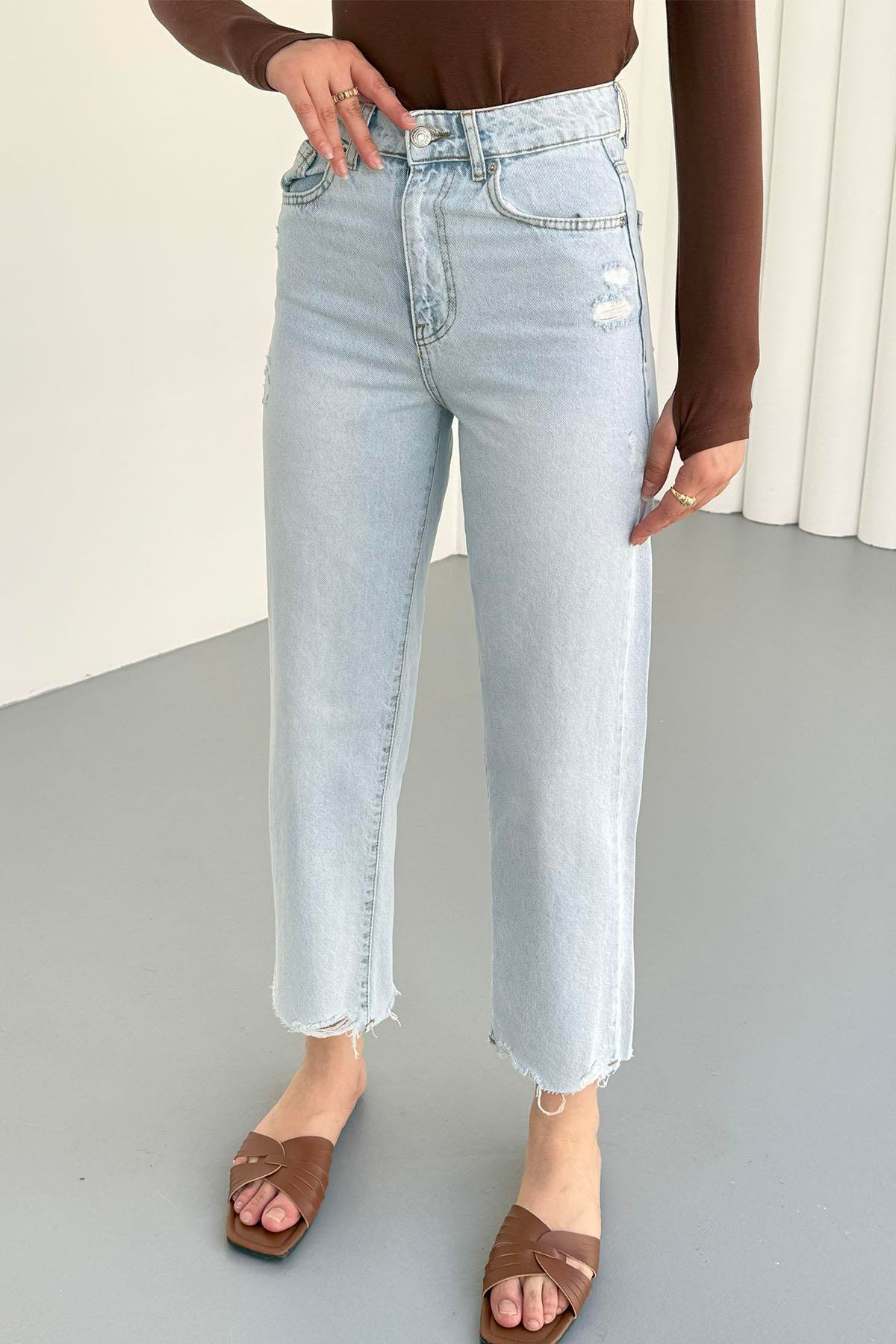 Paça Yırtmaçlı Düz Kesik Denim Pantolon-AÇIK MAVİ