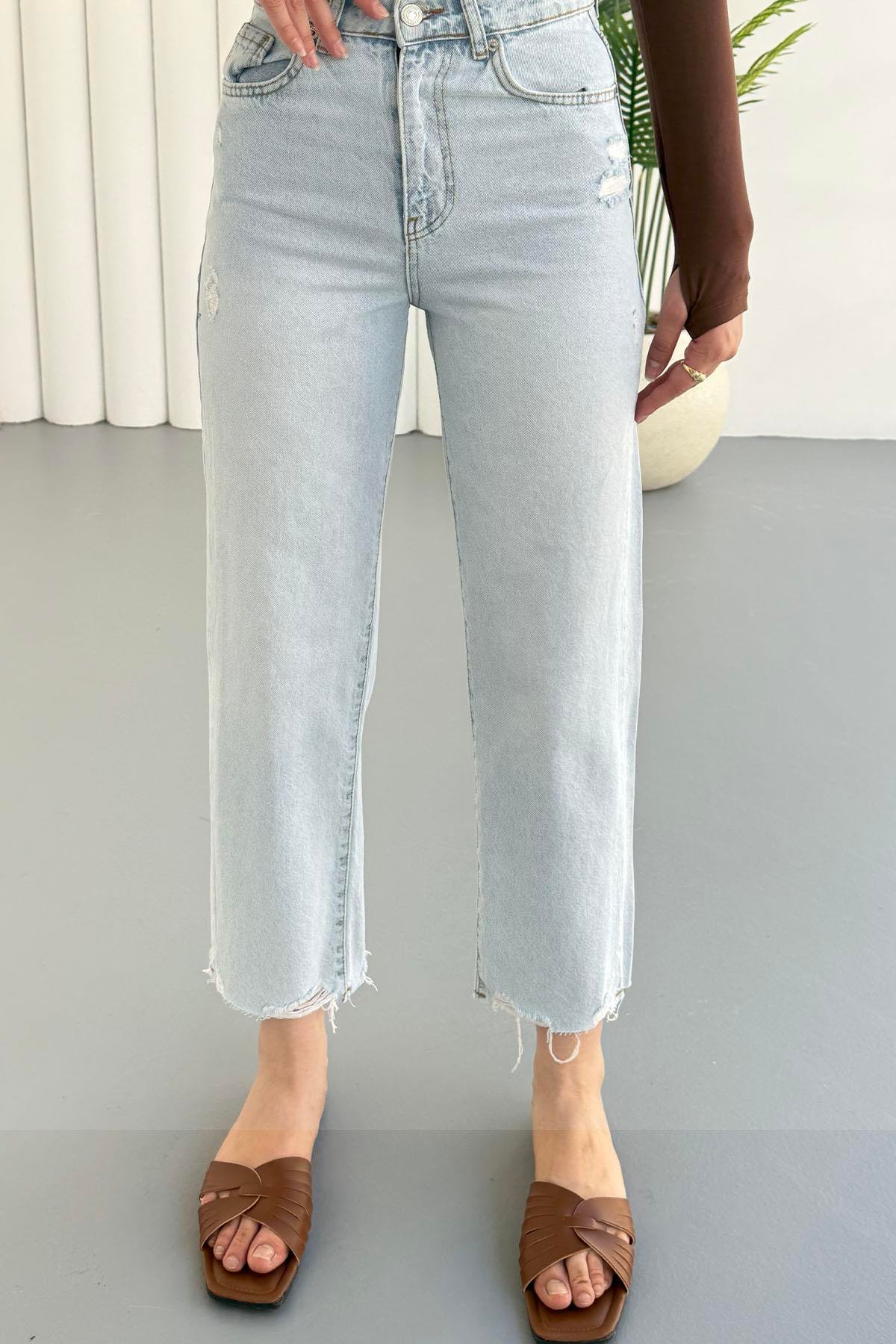 Paça Yırtmaçlı Düz Kesik Denim Pantolon-AÇIK MAVİ