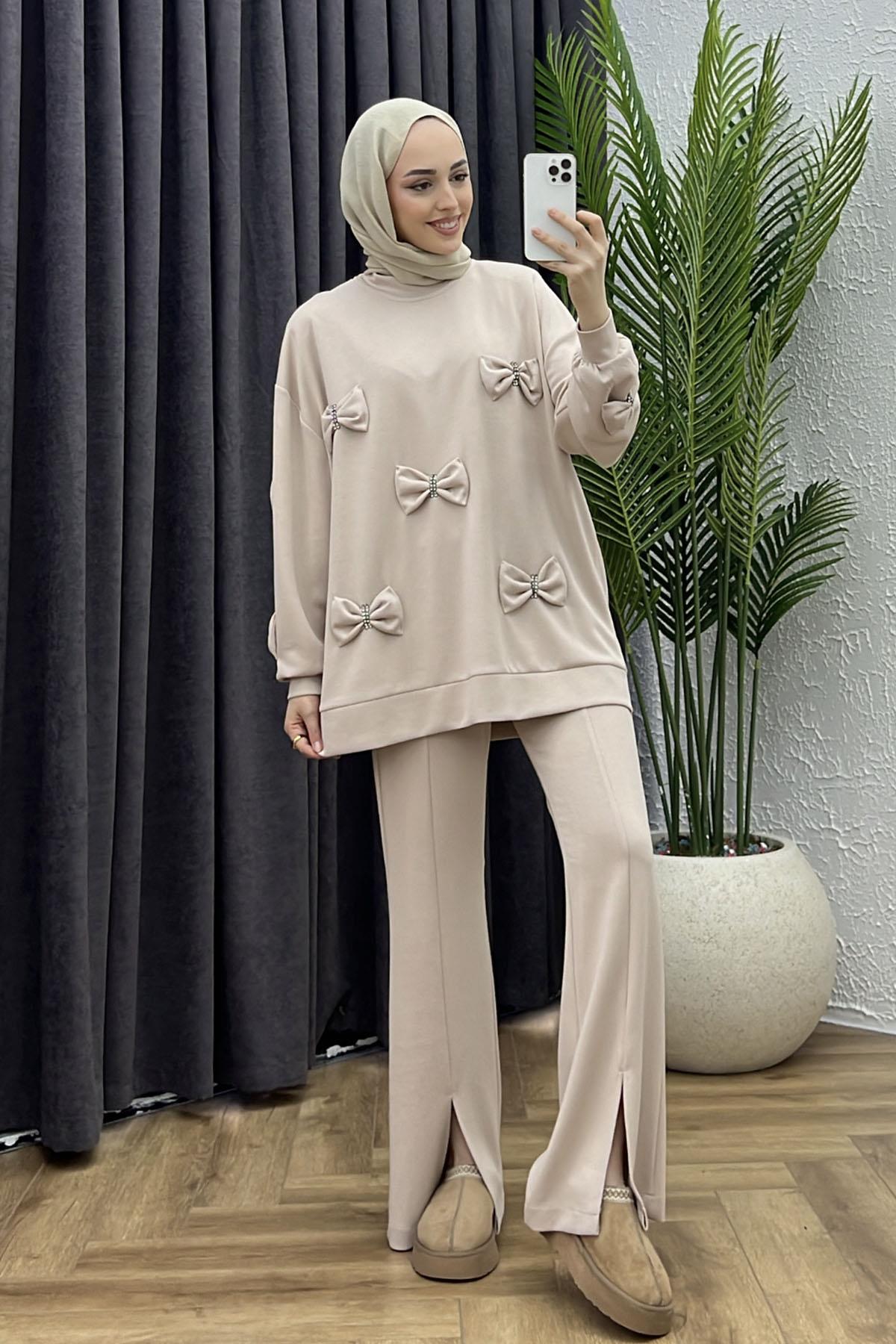 Pantolonu Yırtmaçlı Fiyonuklu Tesettür Takım-TAŞ