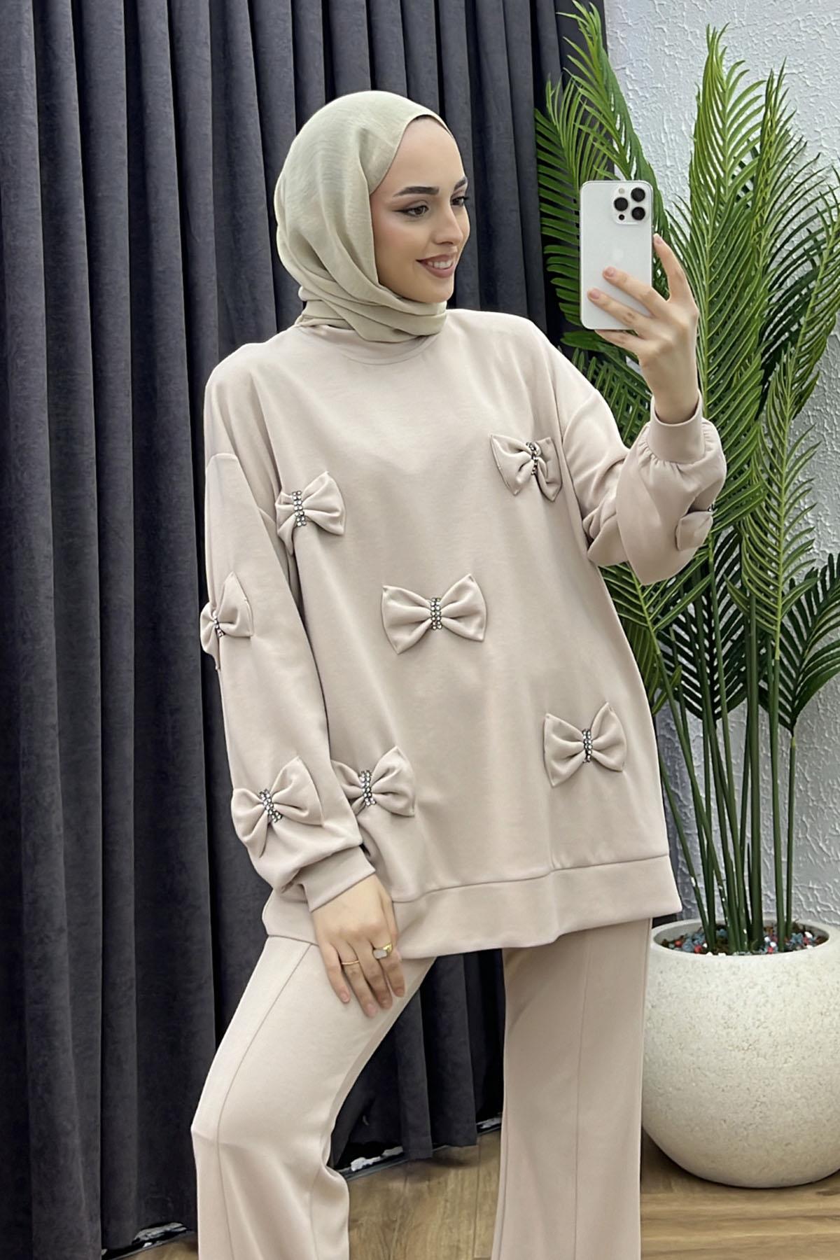 Pantolonu Yırtmaçlı Fiyonuklu Tesettür Takım-TAŞ