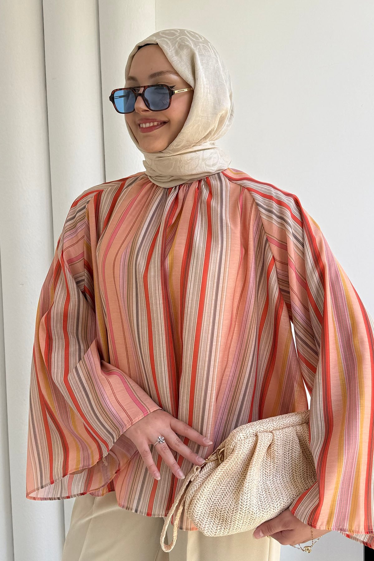 Pastel Çizgi Desenli Rahat Kesim Gömlek-ORANGE