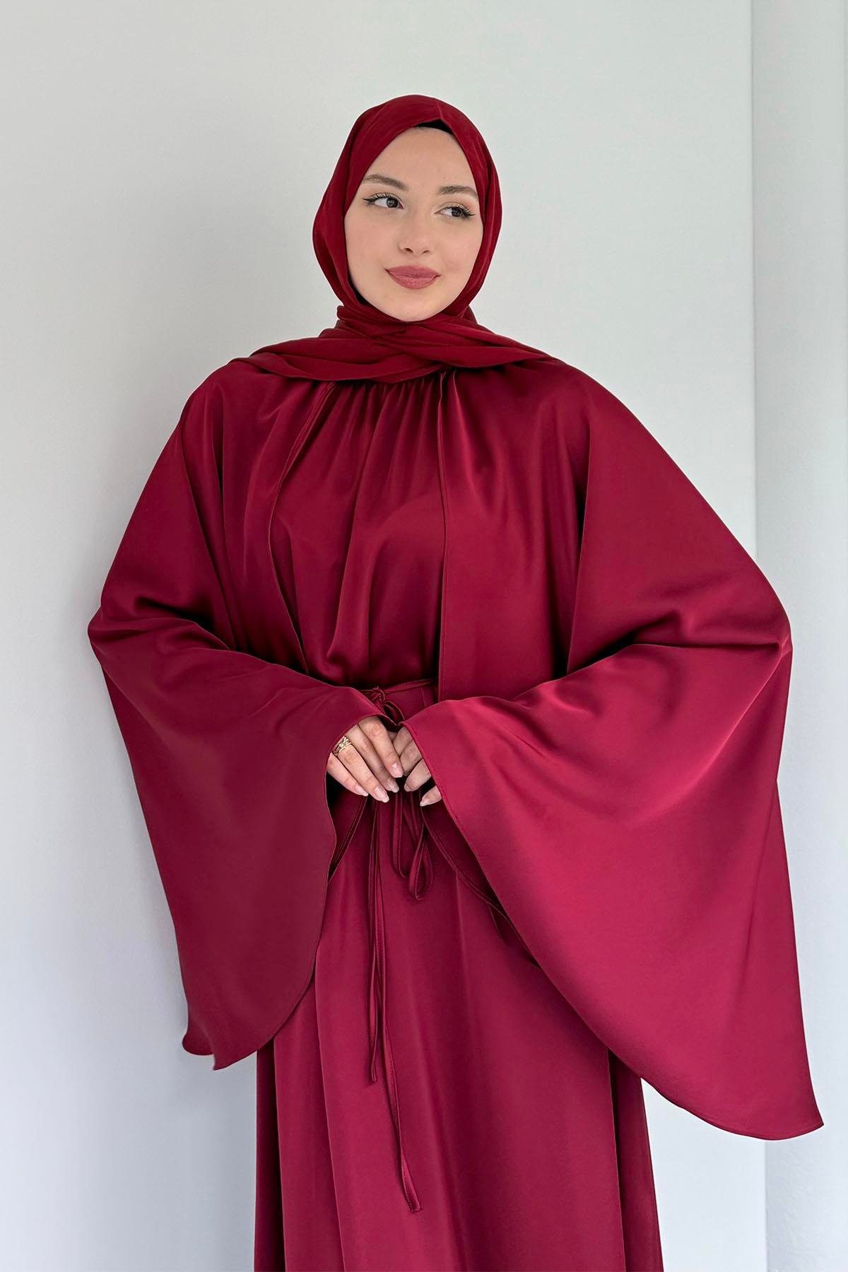 Pelerin Detaylı Saten Tesettür Elbise-BORDO