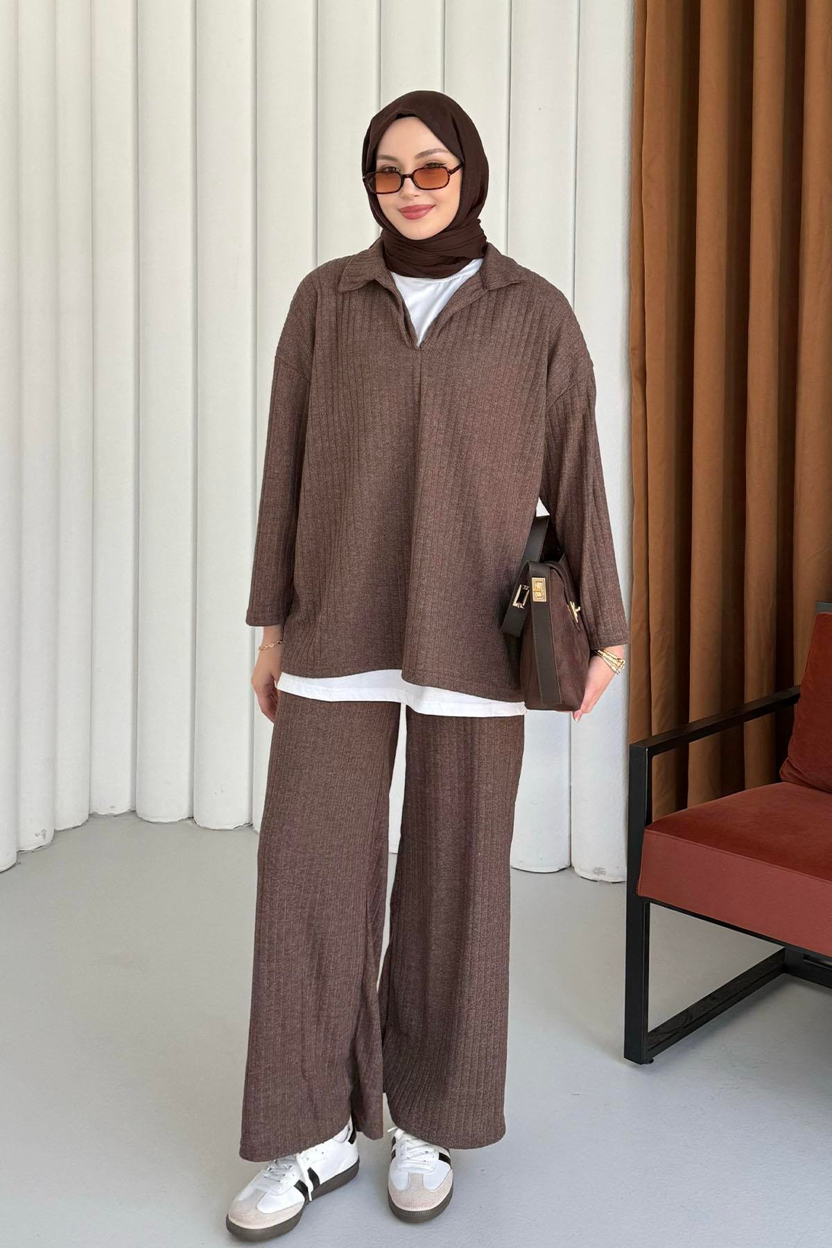 Polo Yaka Kumaş Fitilli Pantolonlu Tesettür  Takım-KAHVERENGİ