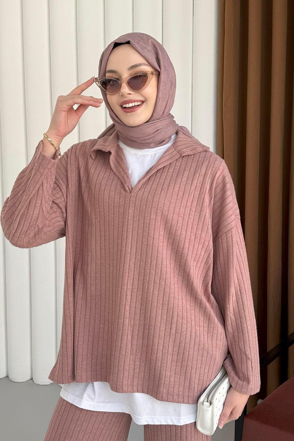 Polo Yaka Kumaş Fitilli Pantolonlu Tesettür  Takım-PEMBE