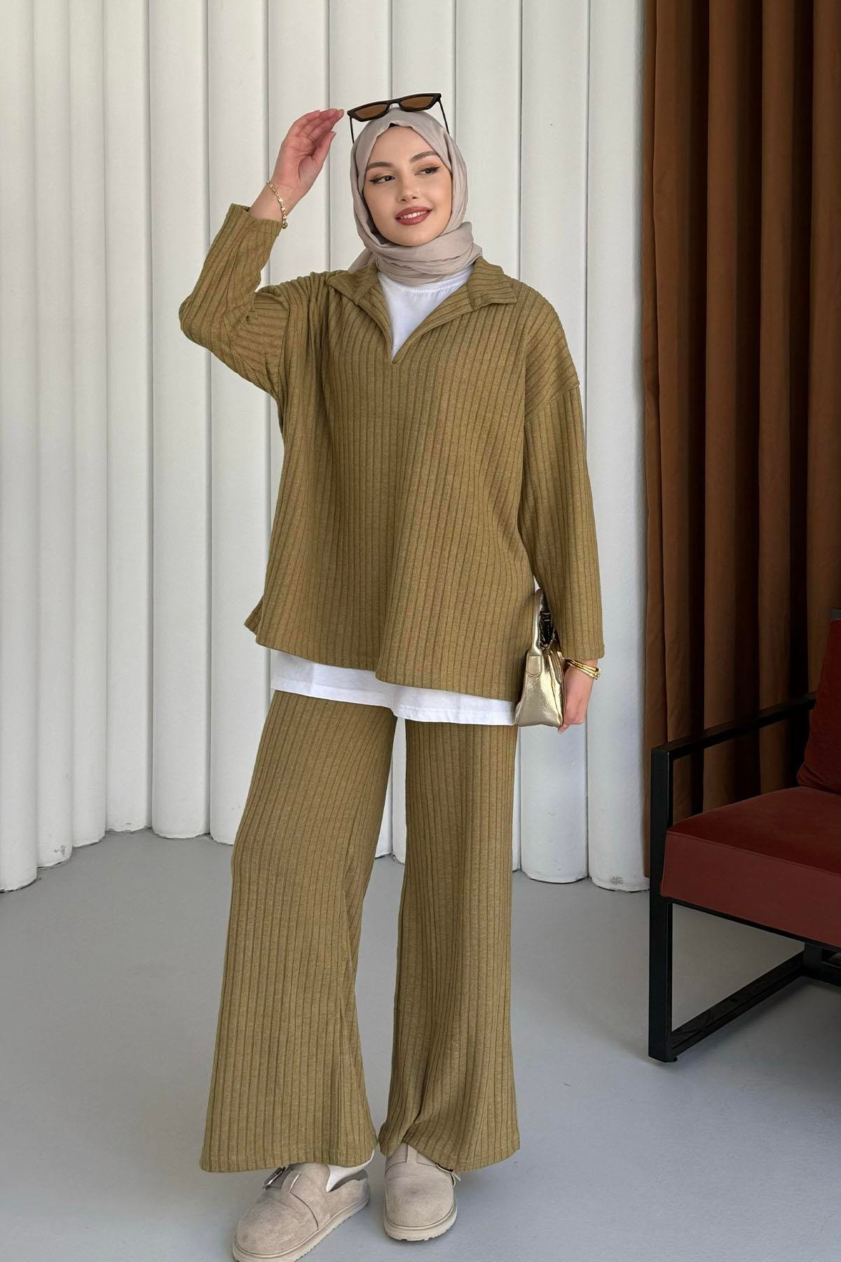Polo Yaka Kumaş Fitilli Pantolonlu Tesettür  Takım-YAĞ YEŞİLİ