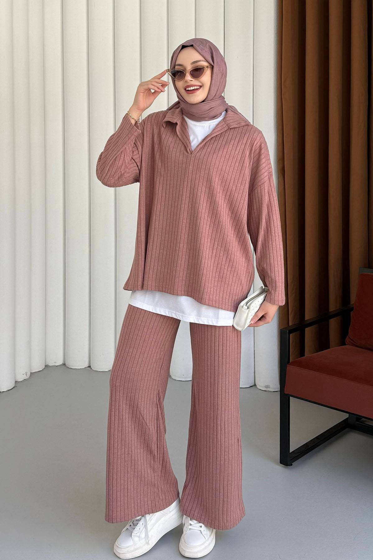 Polo Yaka Kumaş Fitilli Pantolonlu Tesettür  Takım-PEMBE