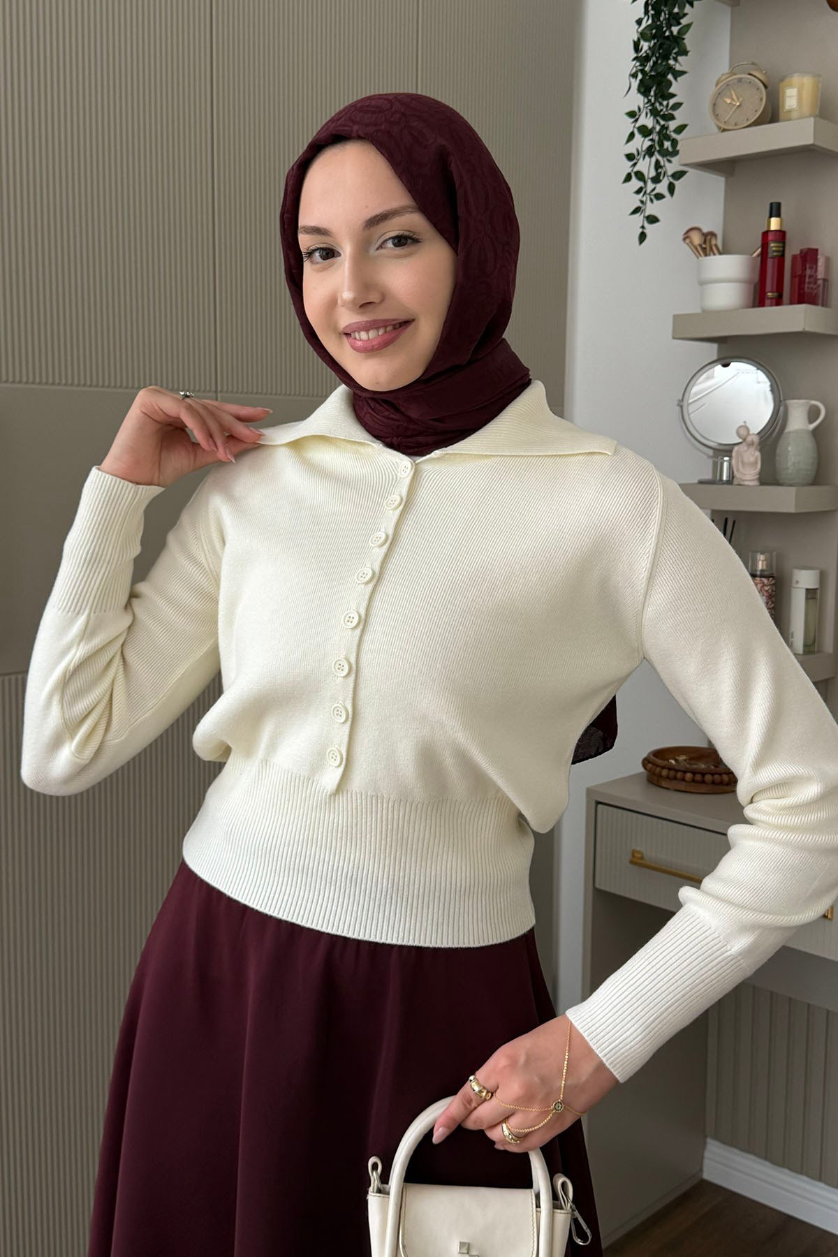 Polo Yaka Yünlü Düğmeli Triko Kazak-EKRU