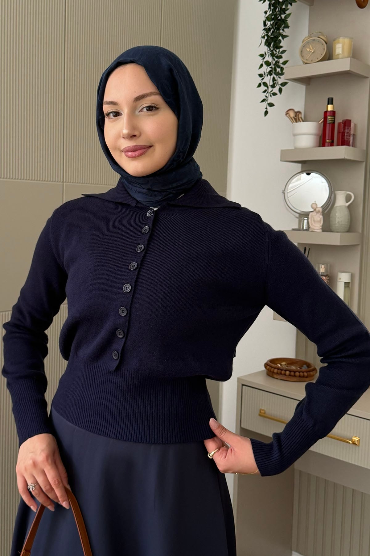 Polo Yaka Yünlü Düğmeli Triko Kazak-LACİVERT