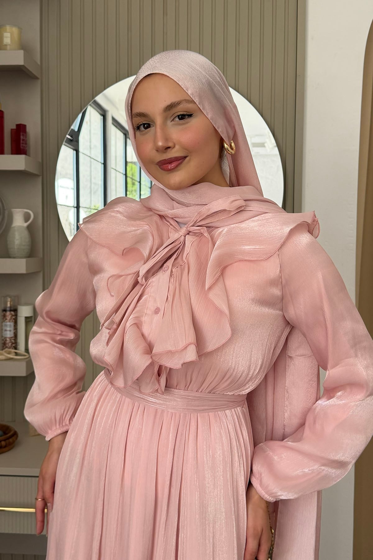 Premium Janjan Kumaş Yarım Düğmeli Tesettür Elbise-PEMBE