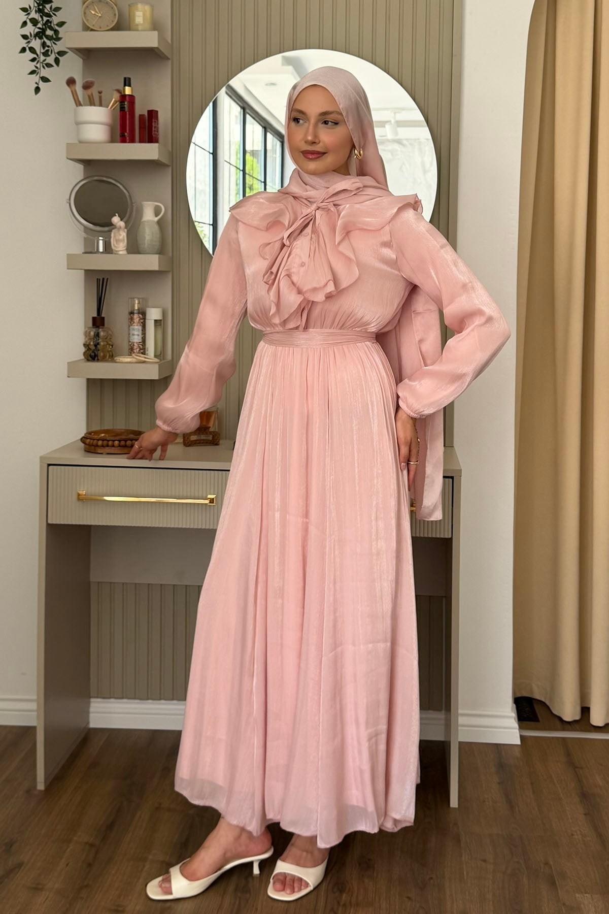 Premium Janjan Kumaş Yarım Düğmeli Tesettür Elbise-PEMBE