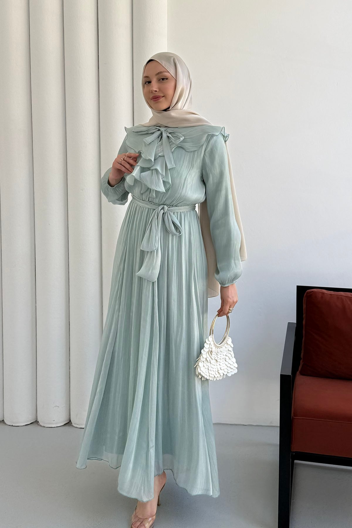 Premium Janjan Kumaş Yarım Düğmeli Tesettür Elbise-SU YEŞİLİ