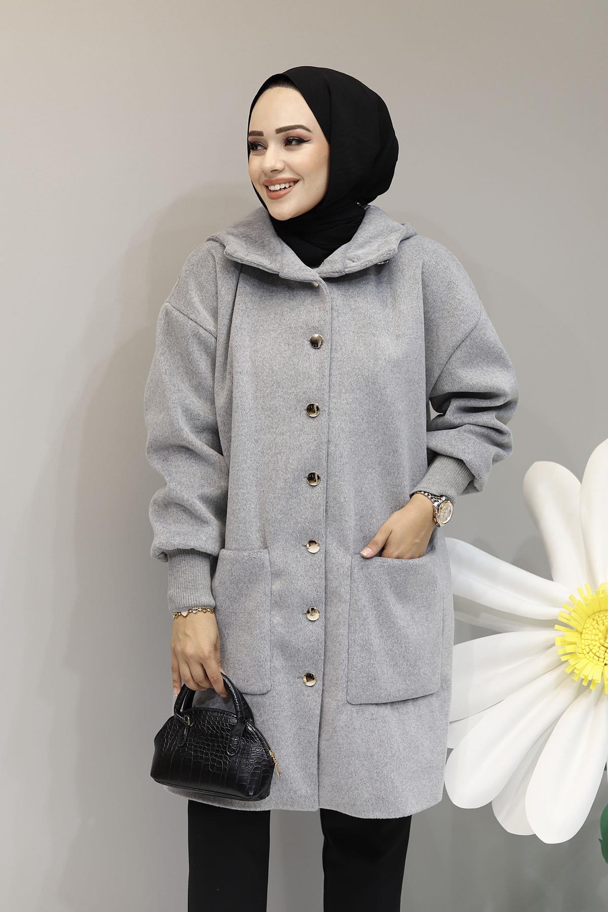 Premium Kaşmir Dokulu Kapüşonlu Oversize Kap-GRİ