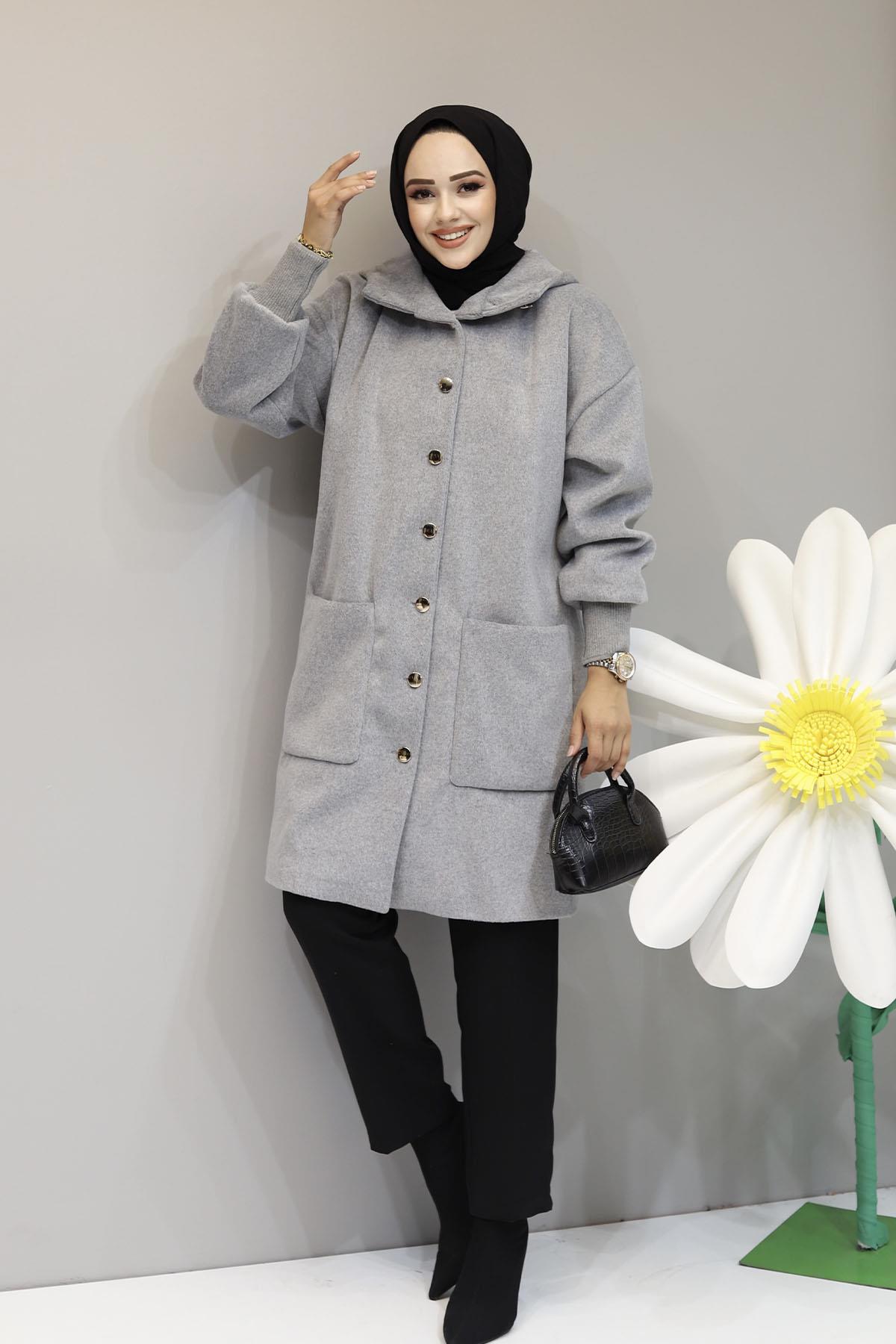 Premium Kaşmir Dokulu Kapüşonlu Oversize Kap-GRİ