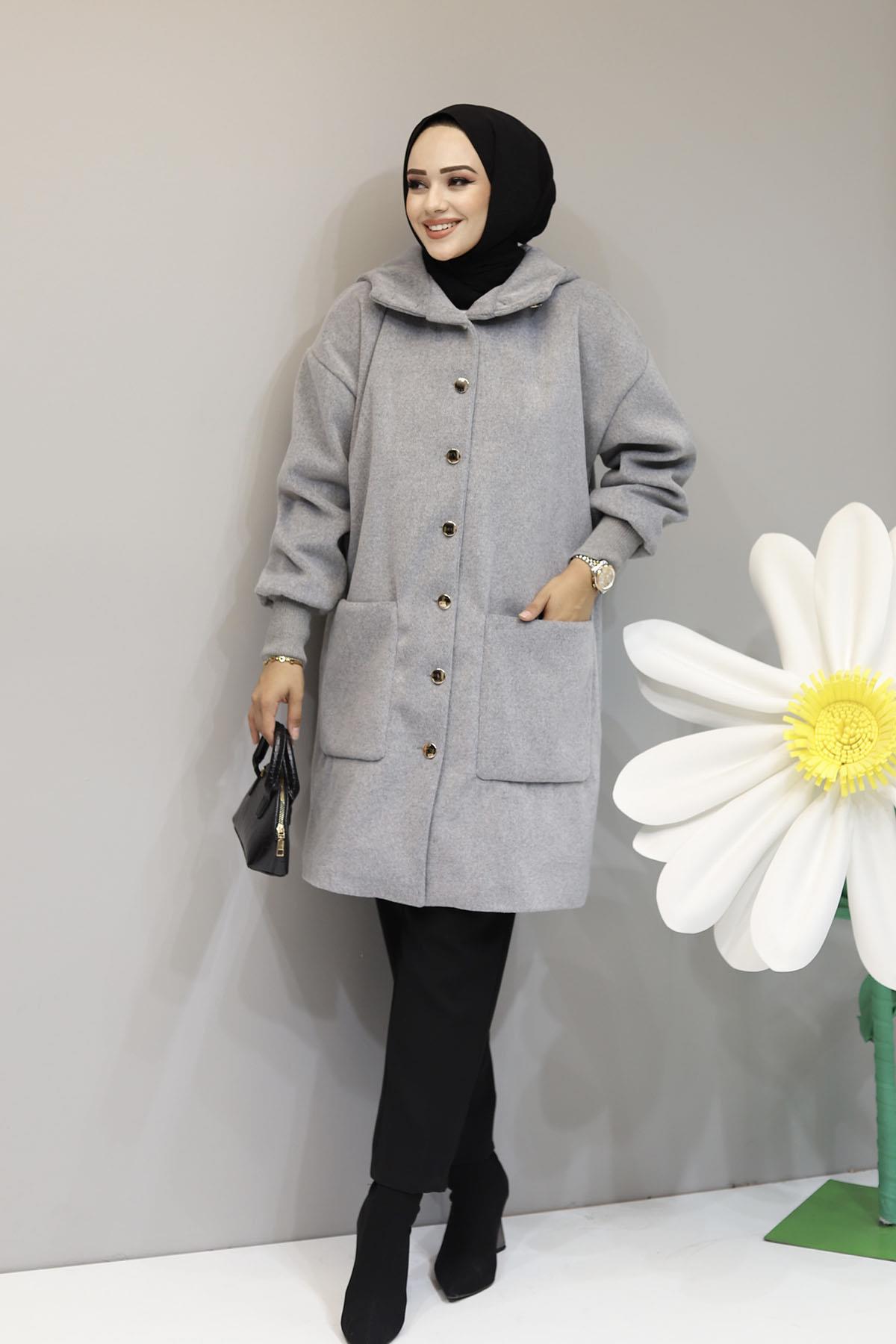 Premium Kaşmir Dokulu Kapüşonlu Oversize Kap-GRİ