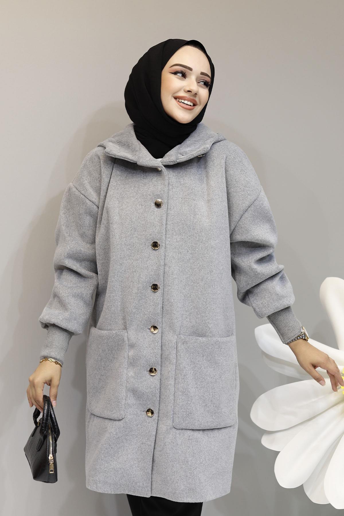 Premium Kaşmir Dokulu Kapüşonlu Oversize Kap-GRİ