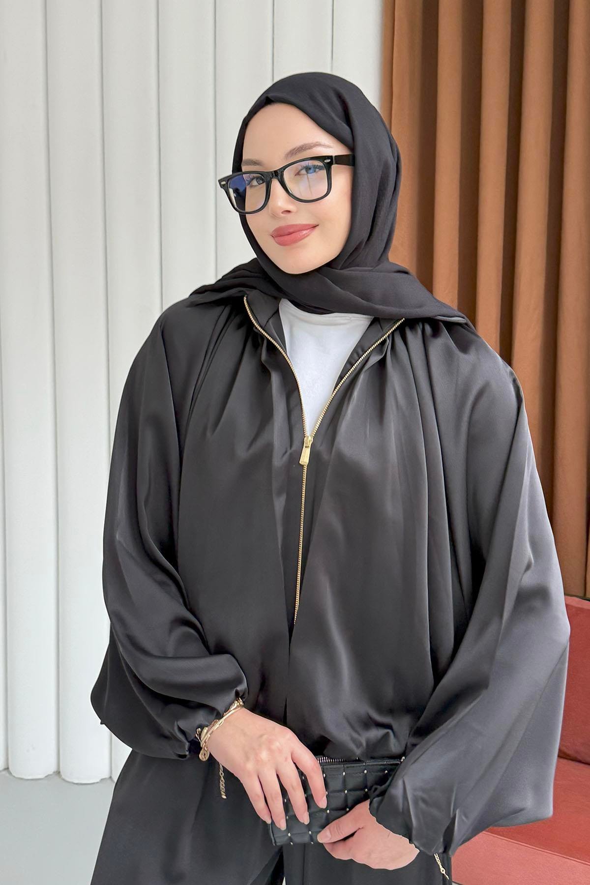 Premium Saten Kumaş Bomber Ceket Pantolon Tesettür Takım-SİYAH