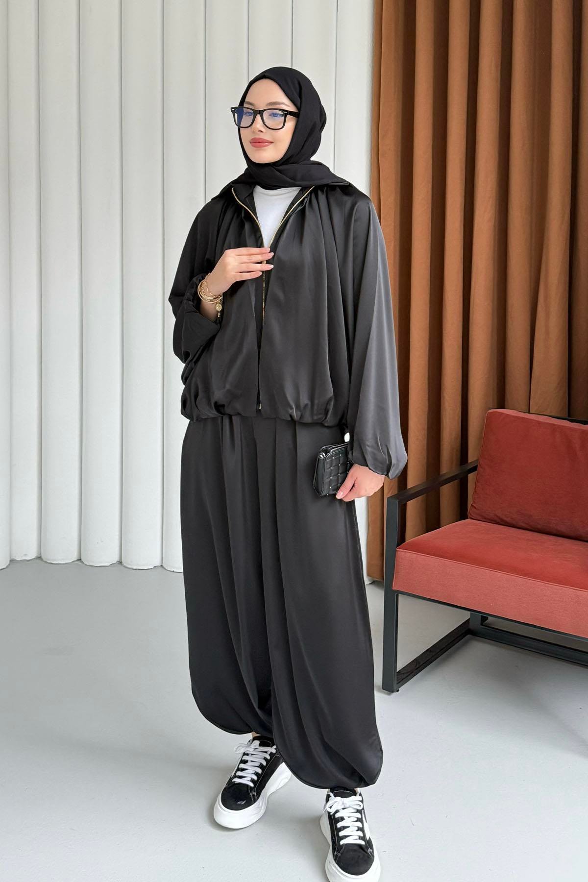 Premium Saten Kumaş Bomber Ceket Pantolon Tesettür Takım-SİYAH