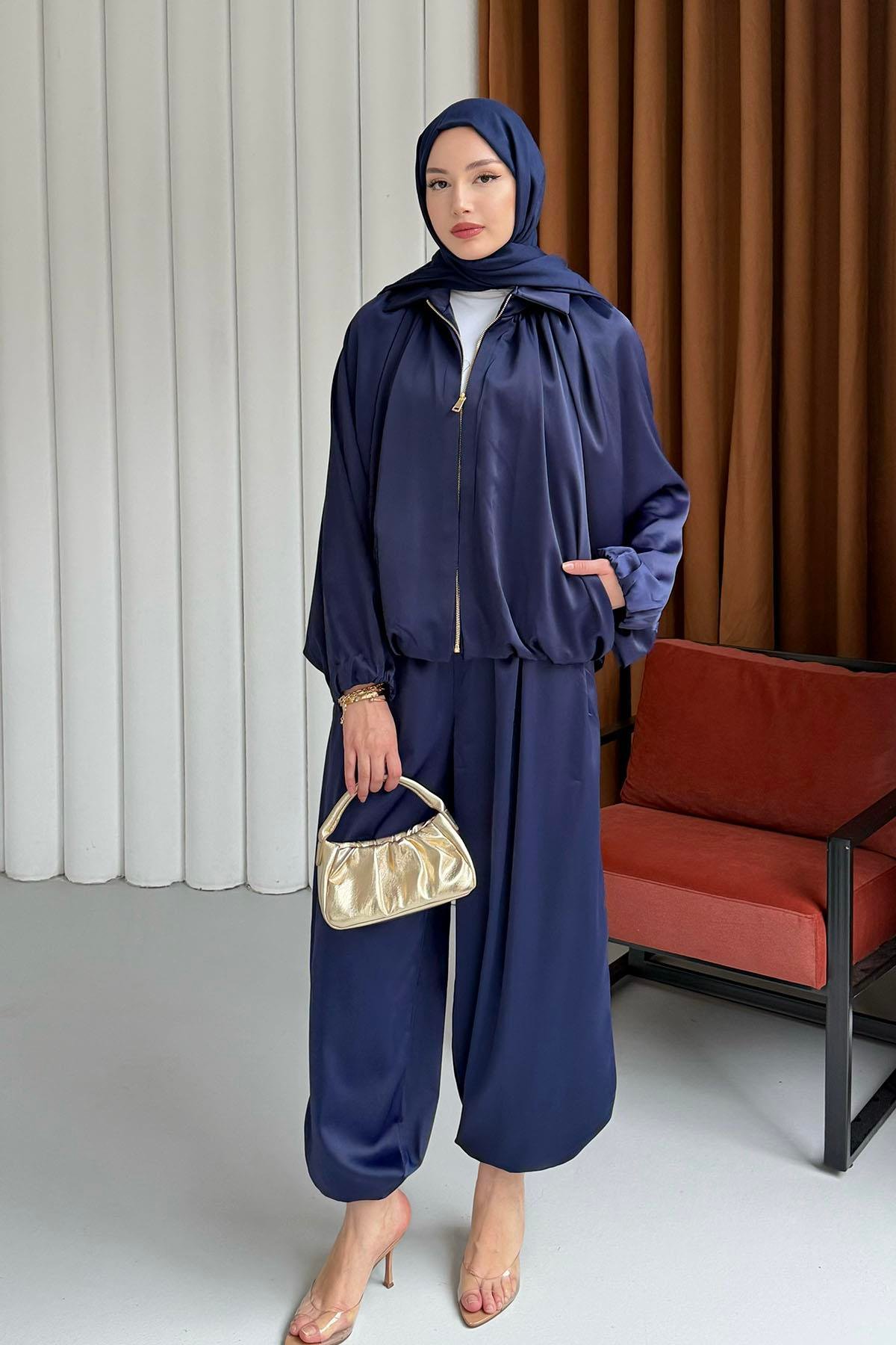Premium Saten Kumaş Bomber Ceket Pantolon Tesettür Takım-LACİVERT