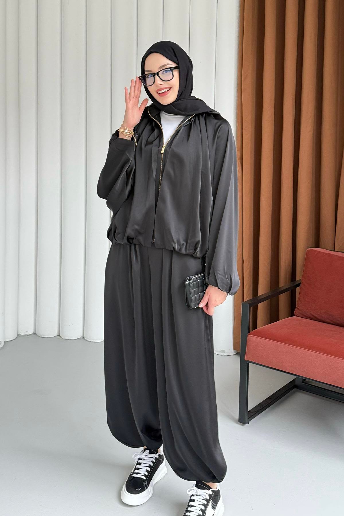 Premium Saten Kumaş Bomber Ceket Pantolon Tesettür Takım-SİYAH