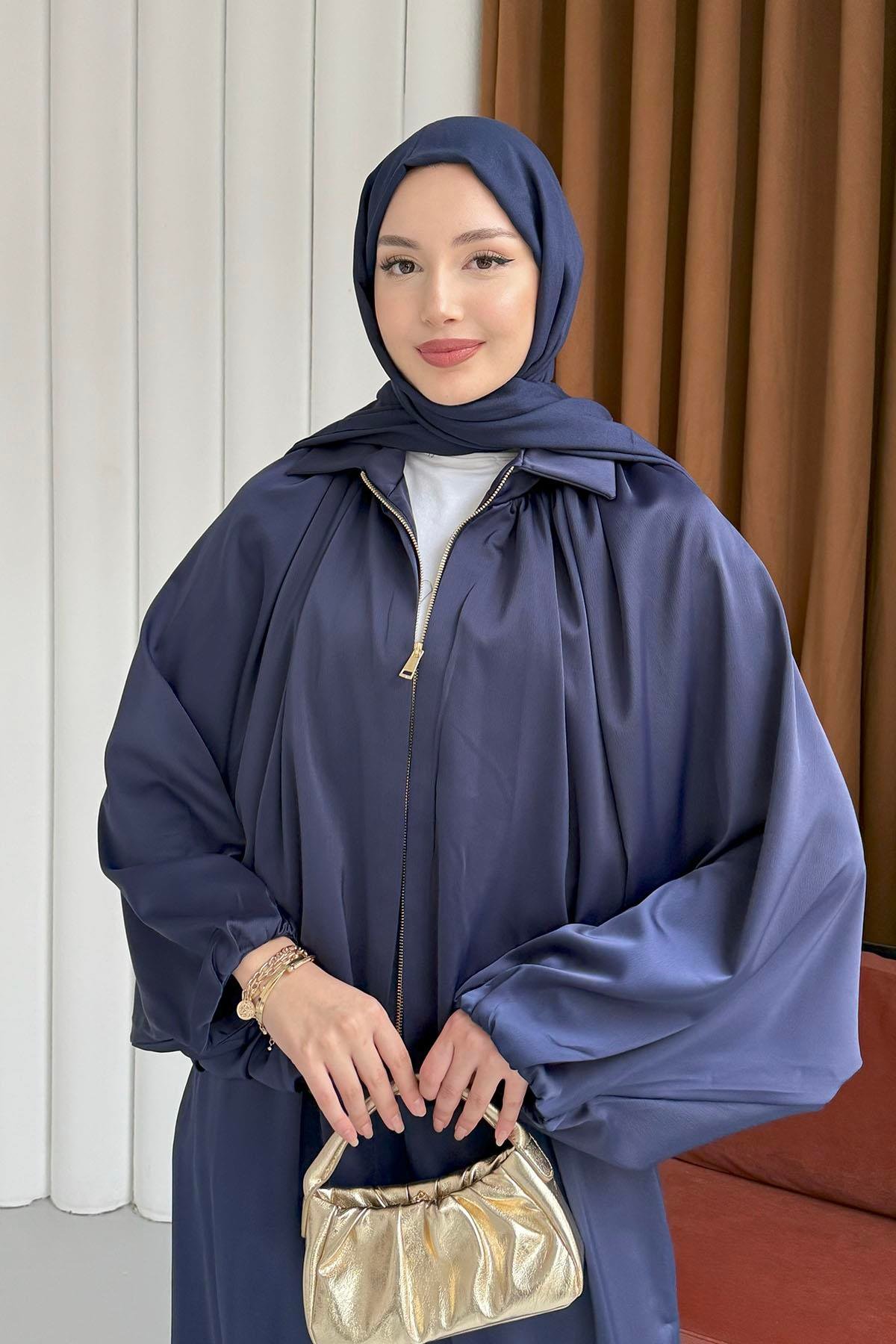 Premium Saten Kumaş Bomber Ceket Pantolon Tesettür Takım-LACİVERT