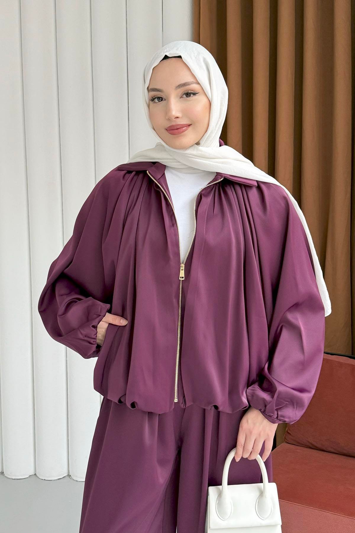 Premium Saten Kumaş Bomber Ceket Pantolon Tesettür Takım-MÜRDÜM