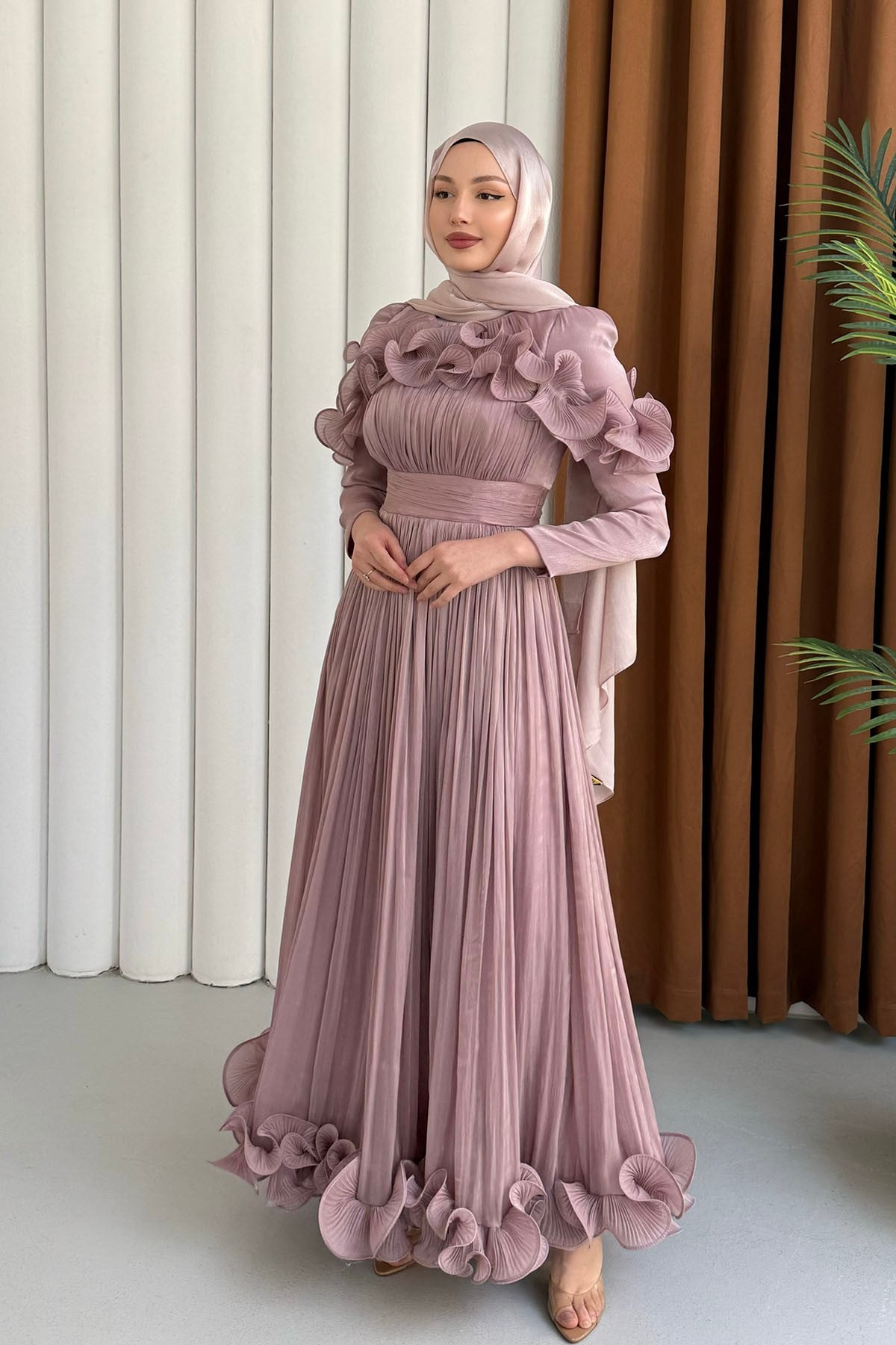 Premium Seri Çiçek İşlemeli Tesettür Abiye-GÜL KURUSU