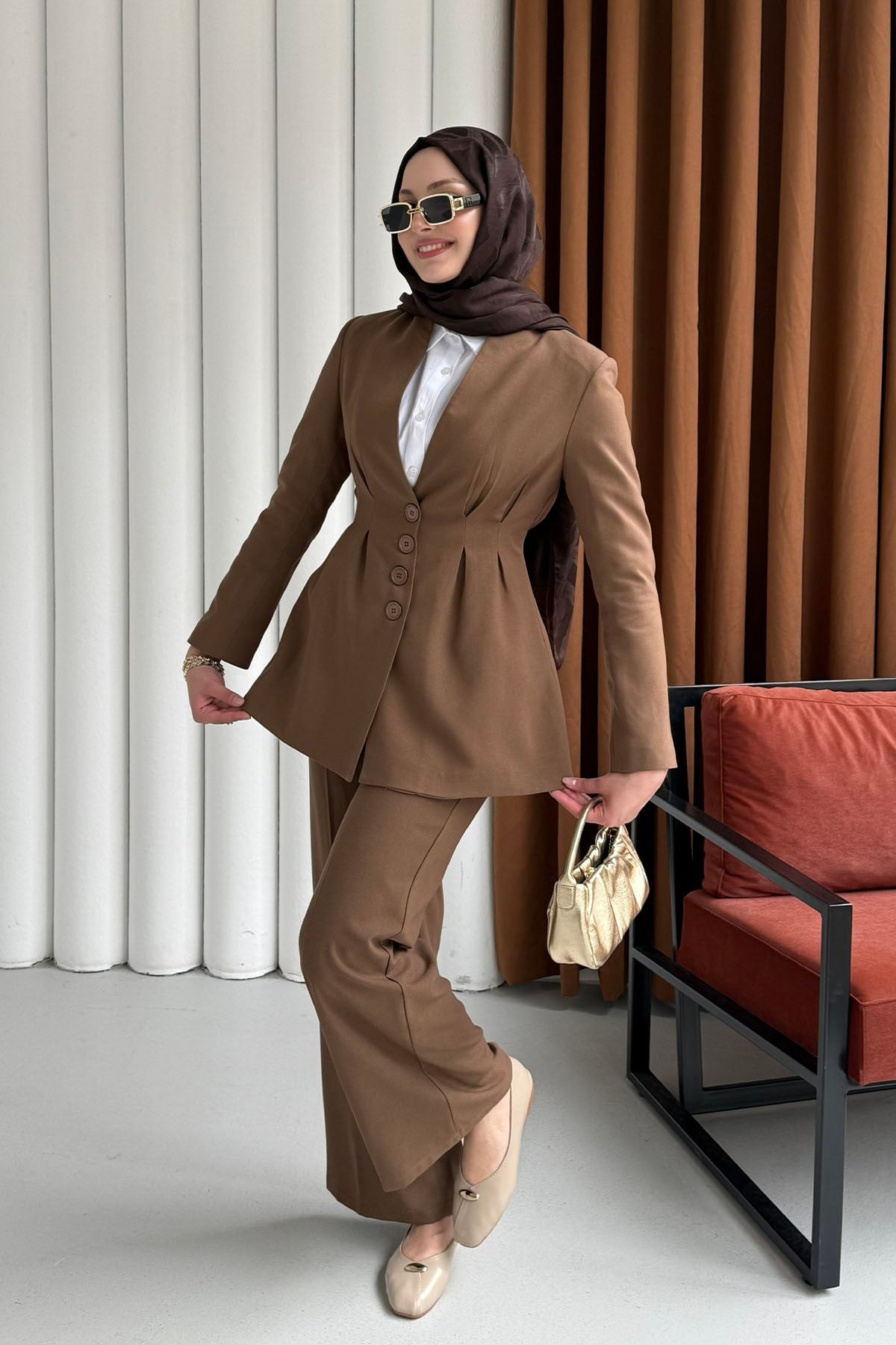 Premium Vatkalı Palazzo Pantolon Tesettür Takım-SÜTLÜ KAHVE