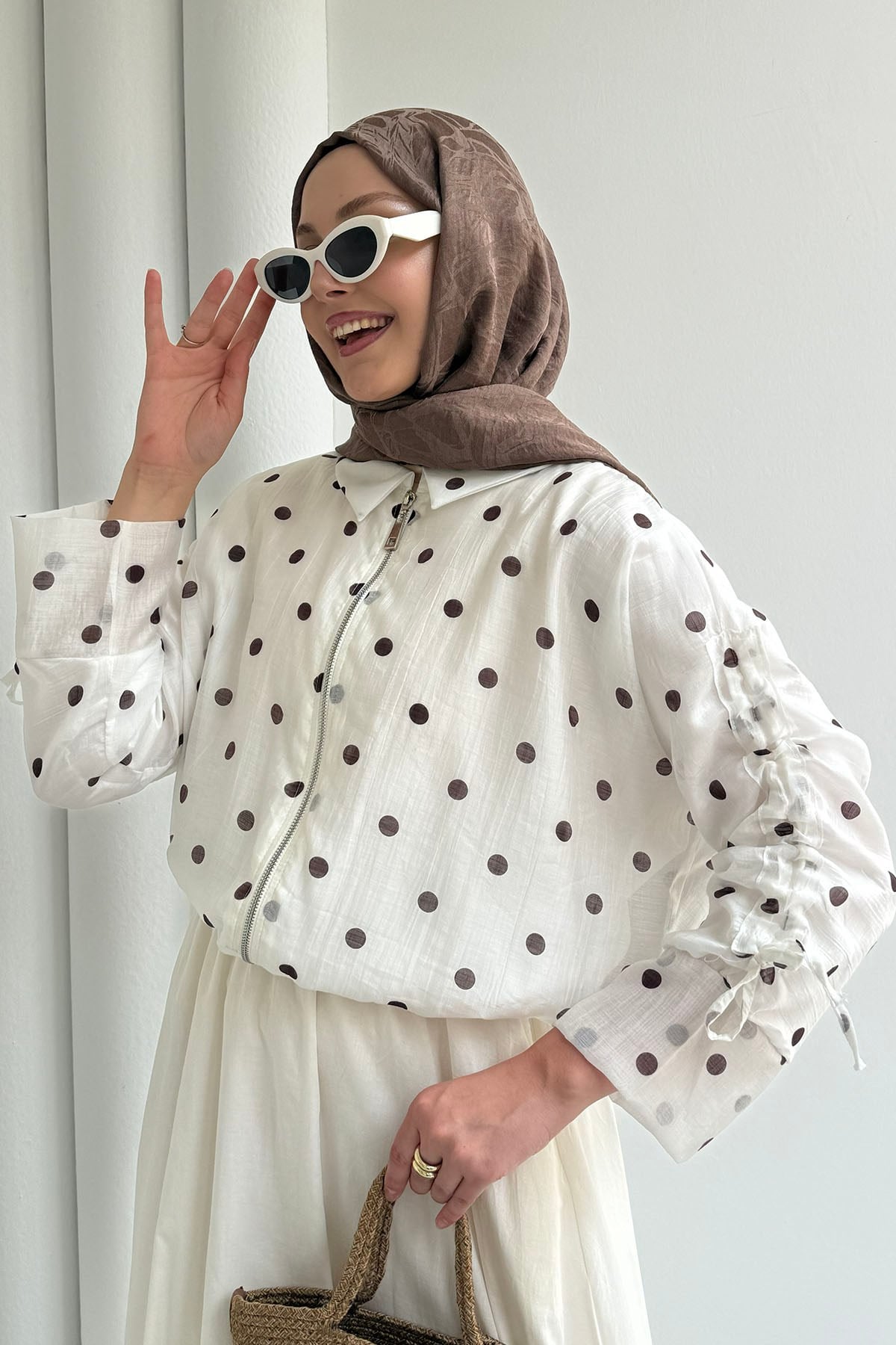 Puantiyeli Kısa Crop Bomber Ceket-BEYAZ