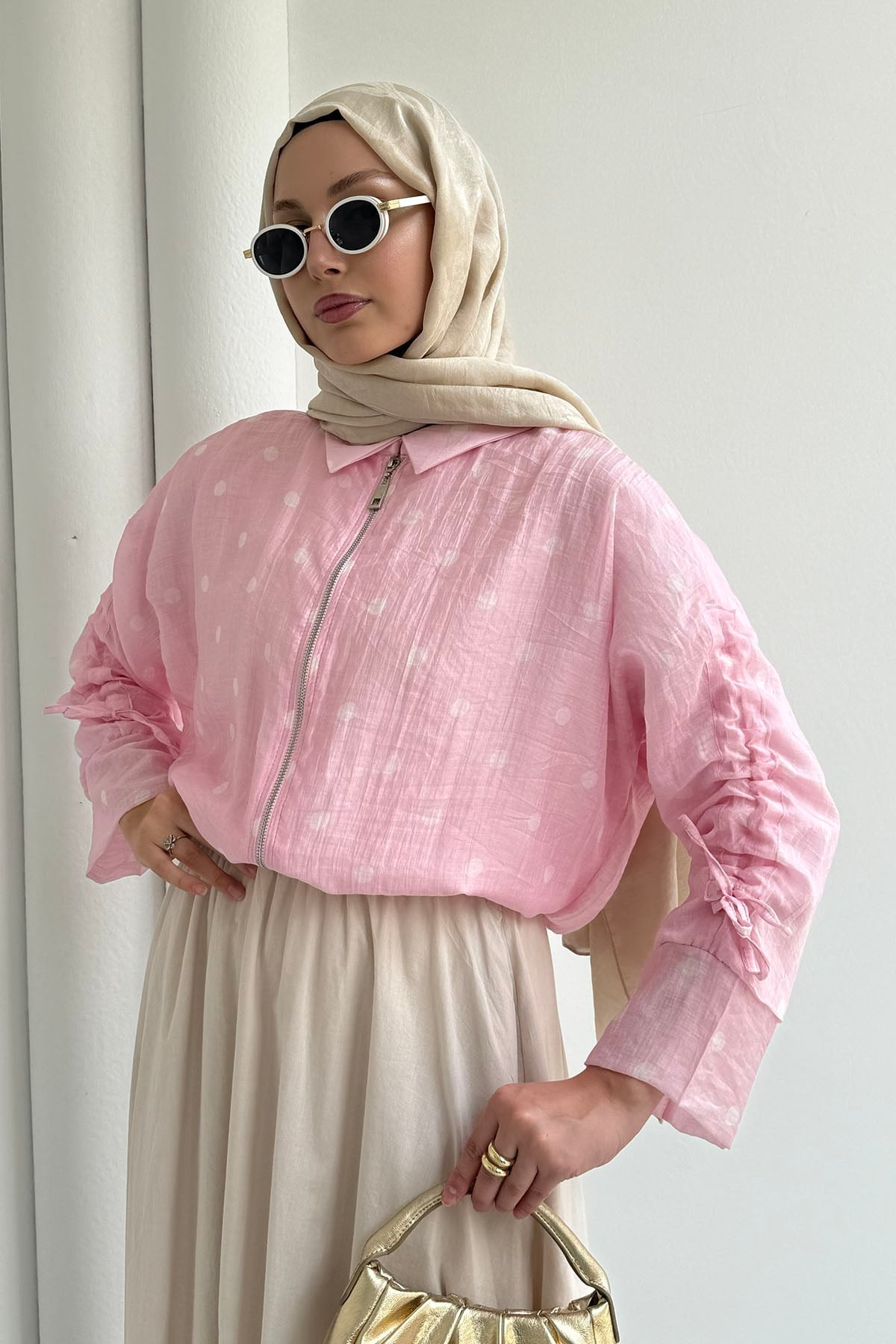 Puantiyeli Kısa Crop Bomber Ceket-PEMBE