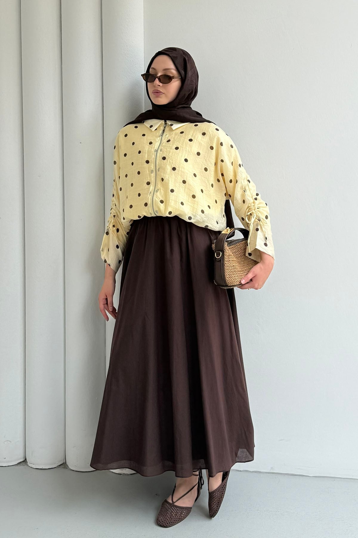 Puantiyeli Kısa Crop Bomber Ceket-SARI