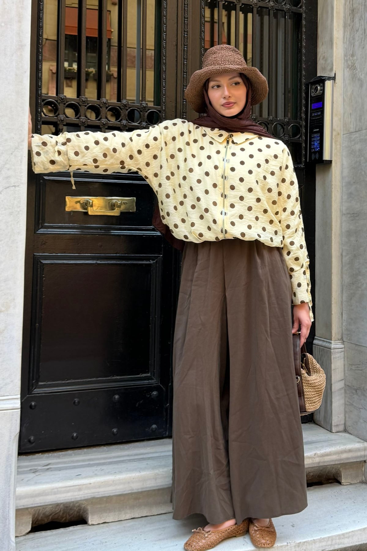Puantiyeli Kısa Crop Bomber Ceket-SARI