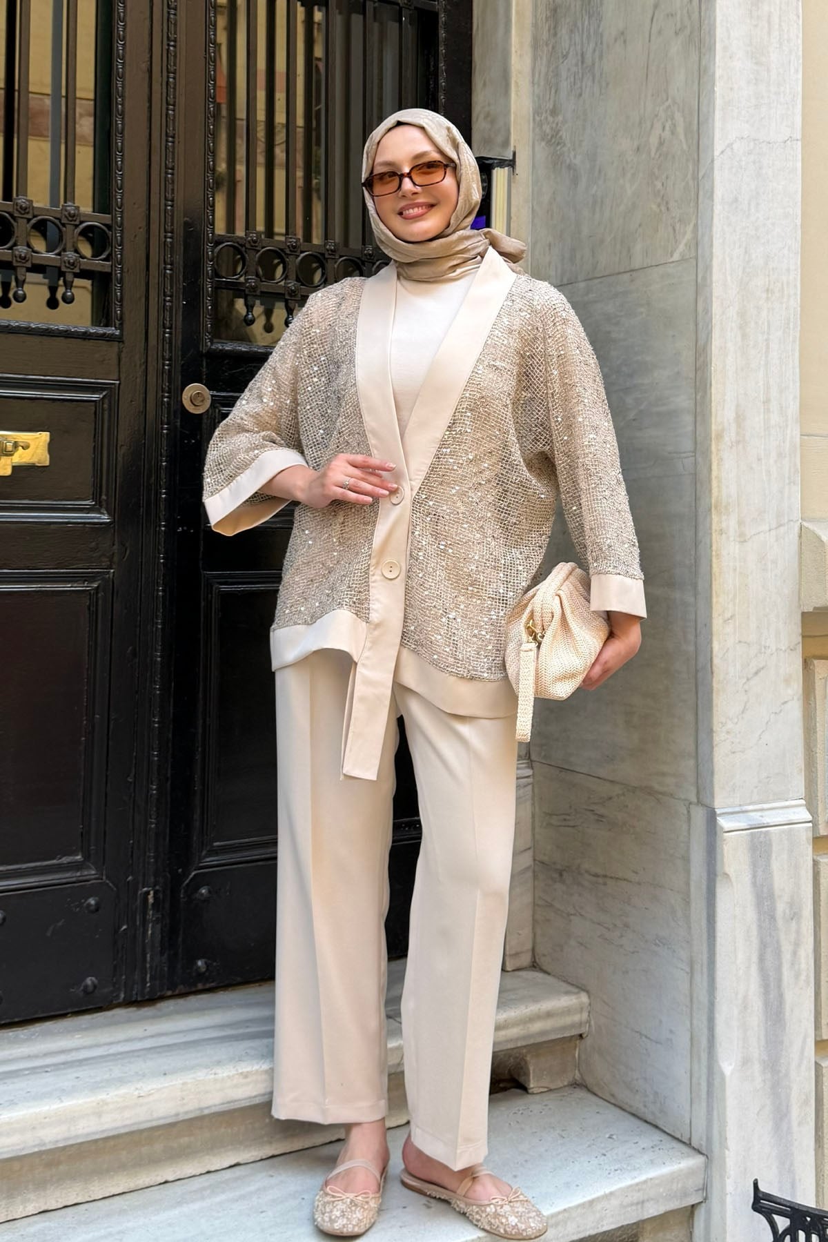 Pul Payet Detaylı Kimono Hırka-BEJ
