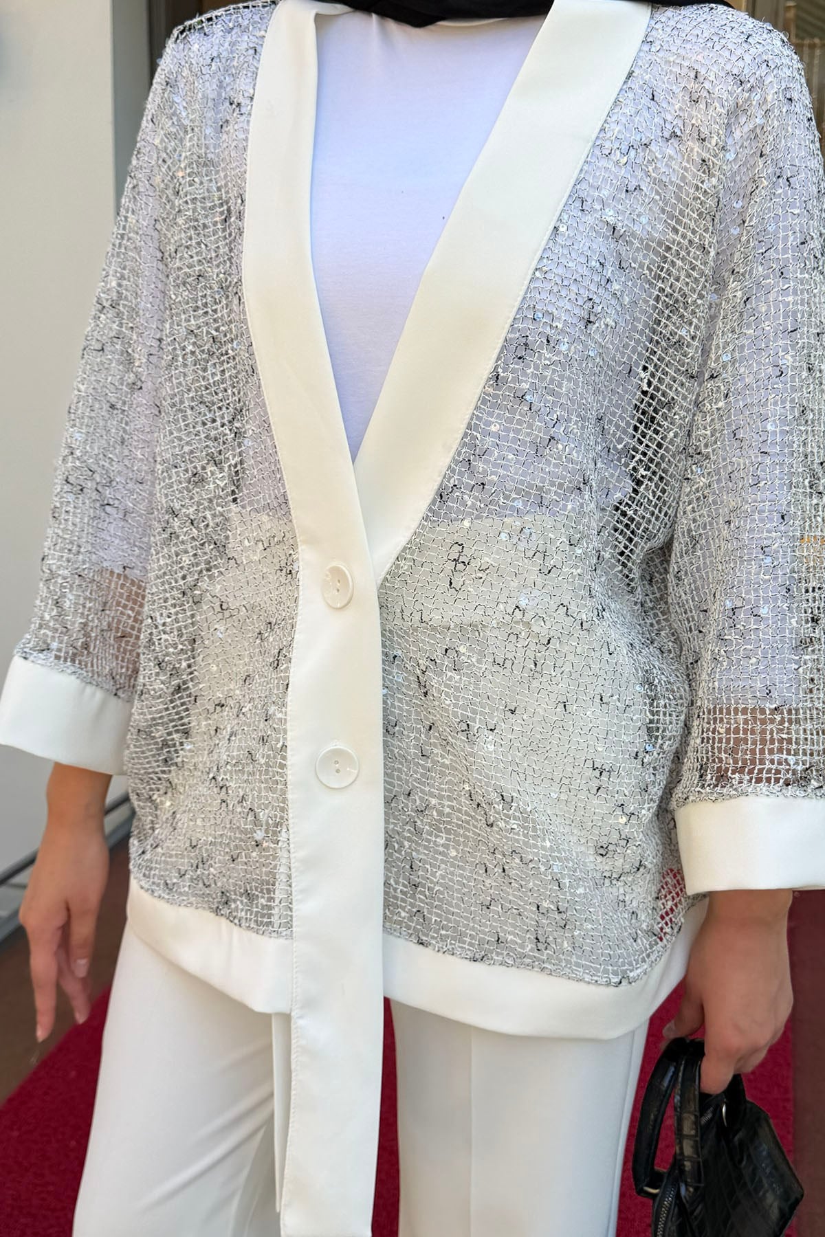 Pul Payet Detaylı Kimono Hırka-GRİ