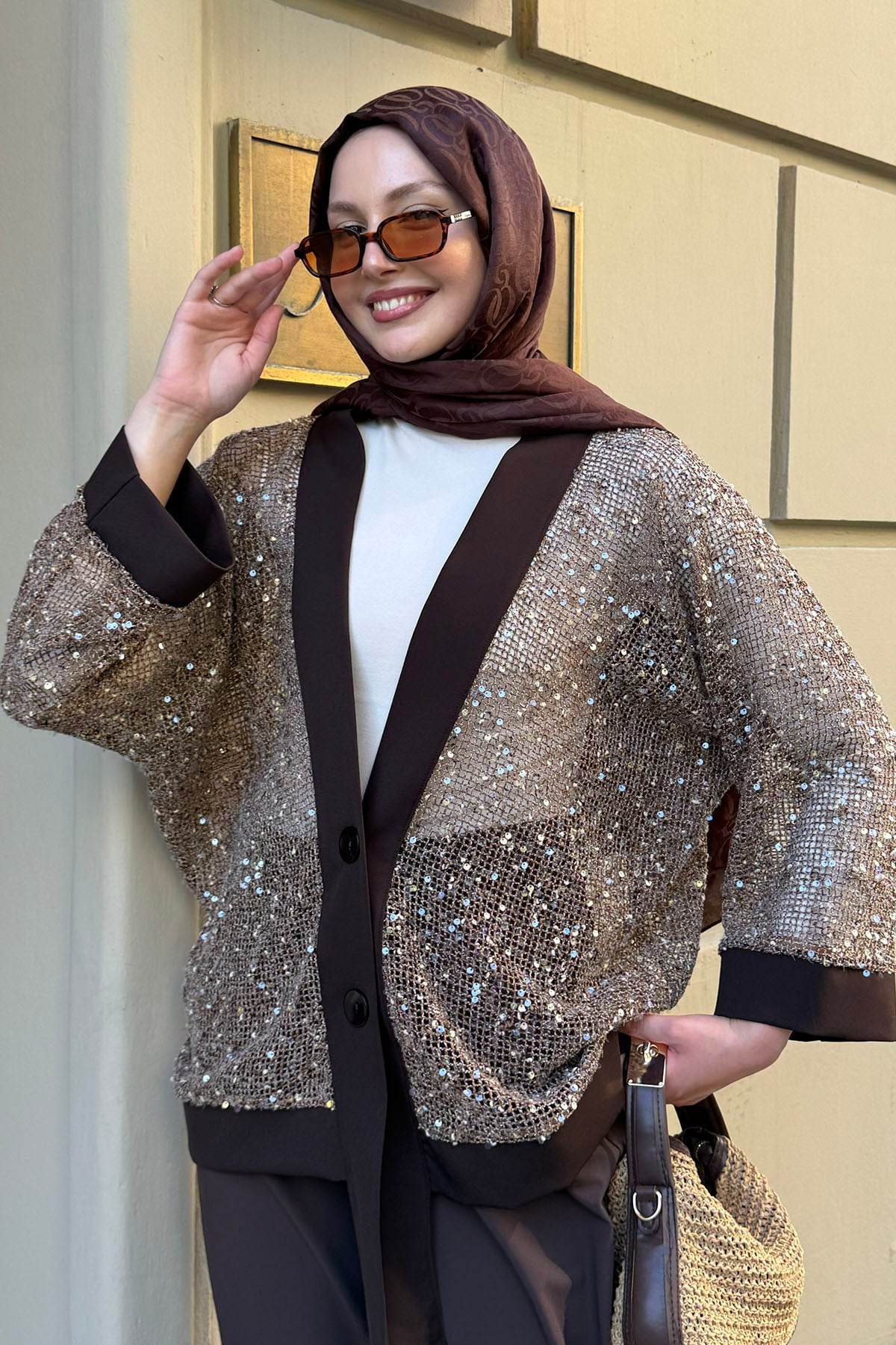 Pul Payet Detaylı Kimono Hırka-KAHVERENGİ