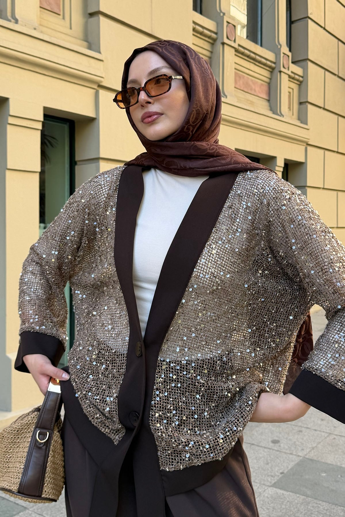 Pul Payet Detaylı Kimono Hırka-KAHVERENGİ