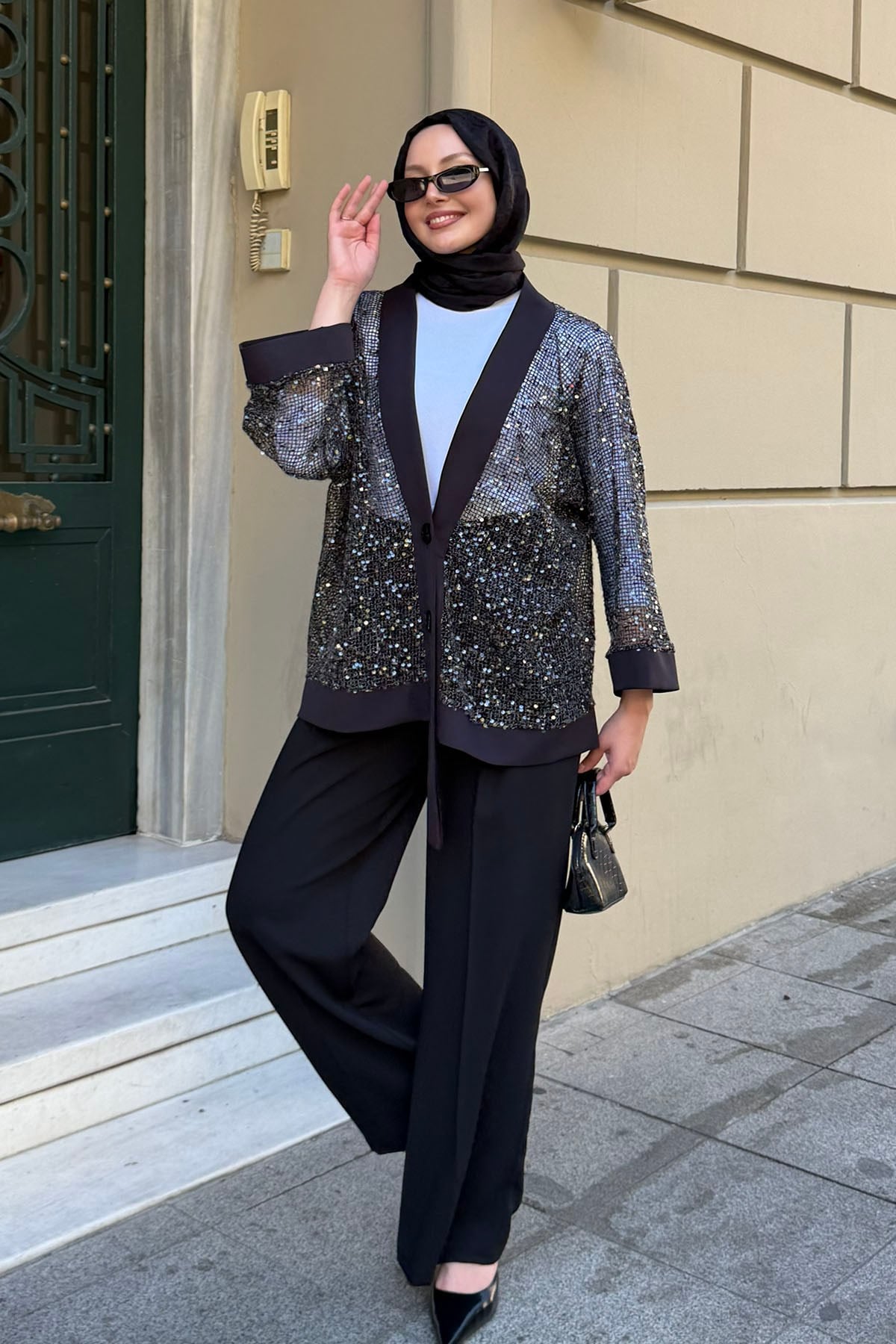 Pul Payet Detaylı Kimono Hırka-SİYAH