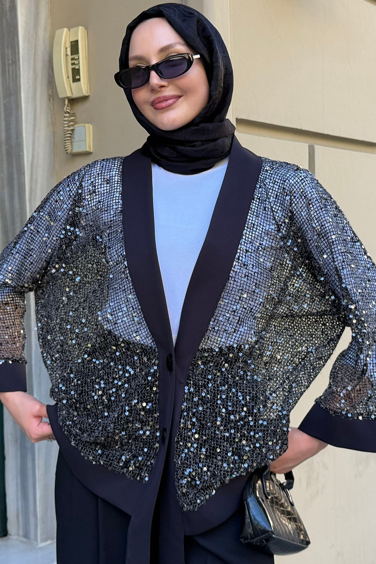 Pul Payet Detaylı Kimono Hırka-SİYAH