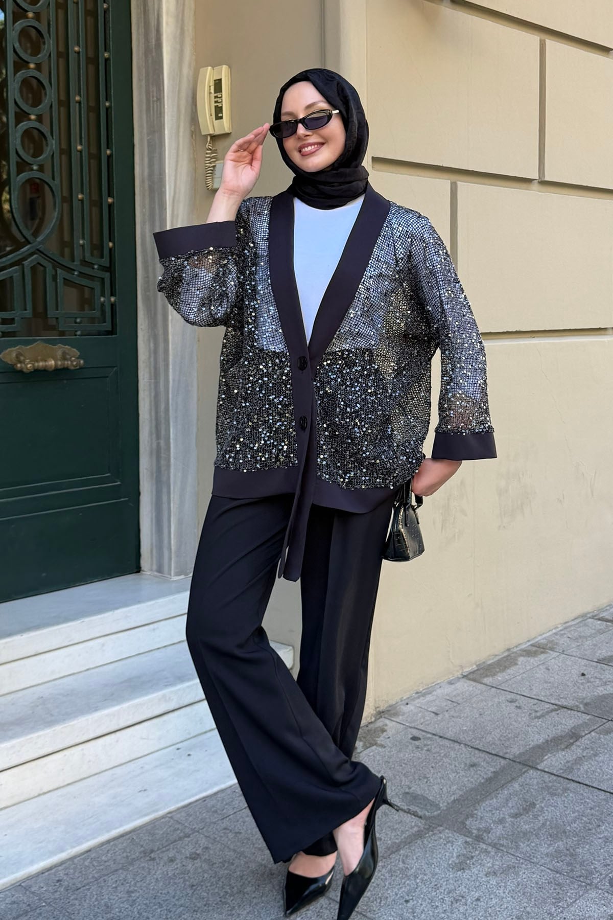 Pul Payet Detaylı Kimono Hırka-SİYAH