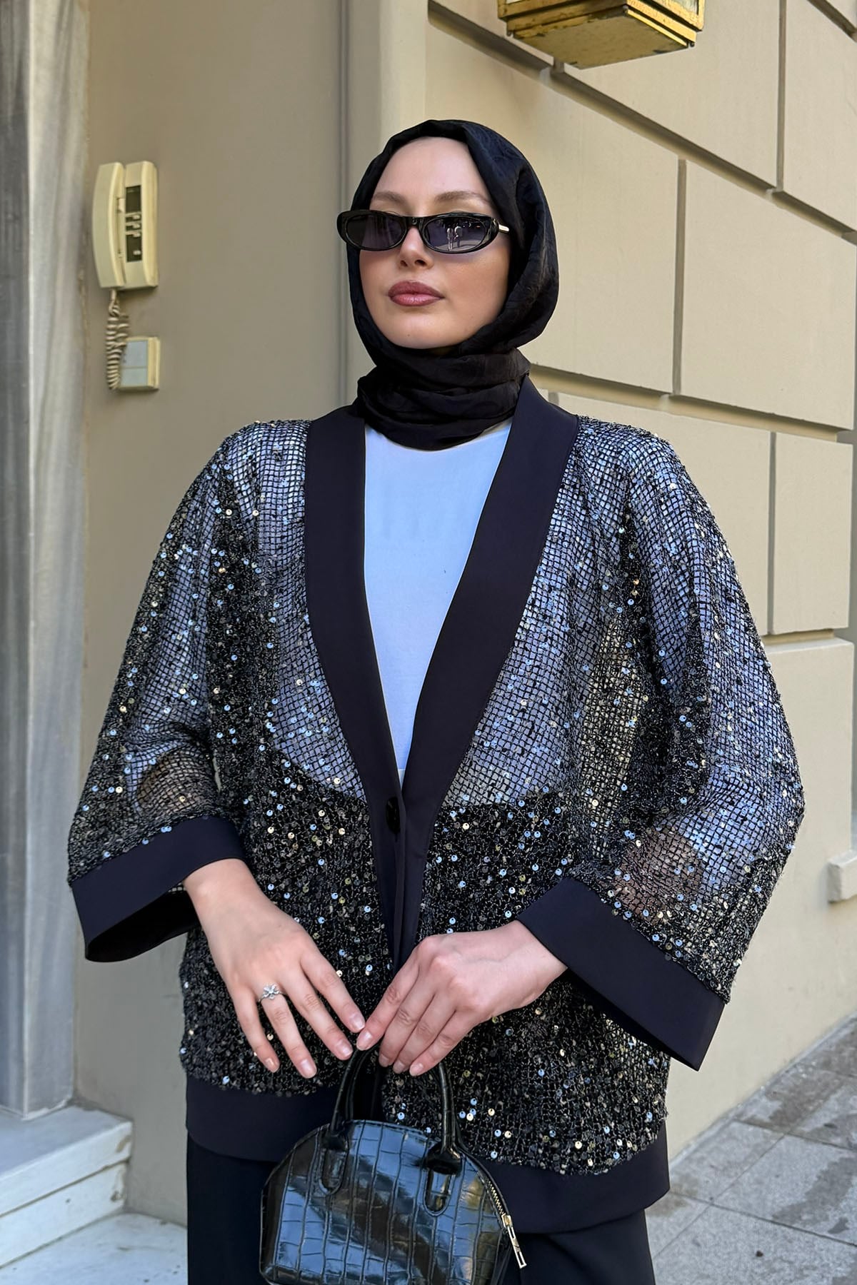 Pul Payet Detaylı Kimono Hırka-SİYAH