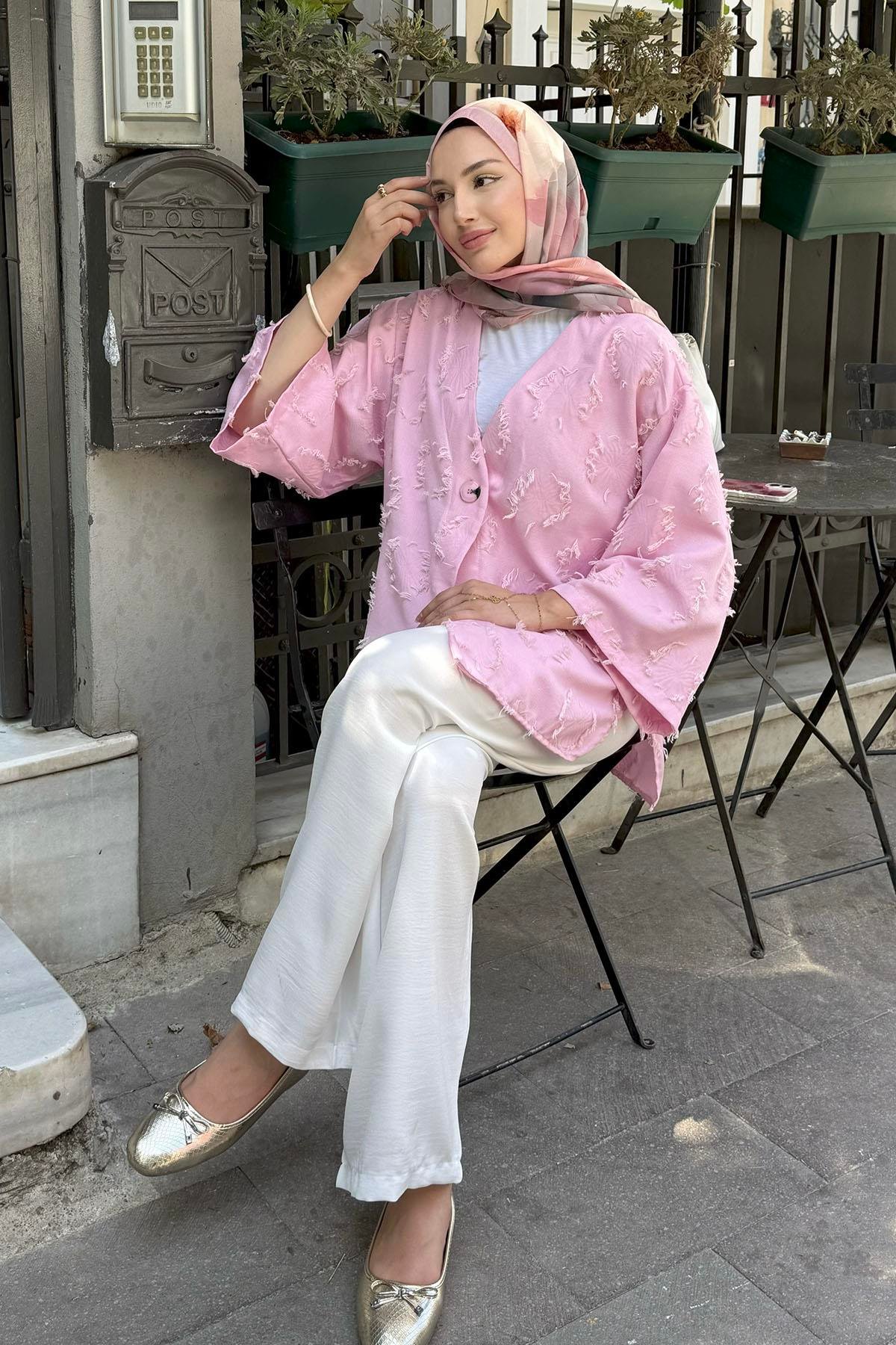 Püskül Dokulu V Yaka Ceketli Tesettür Pantolon Takım-PEMBE