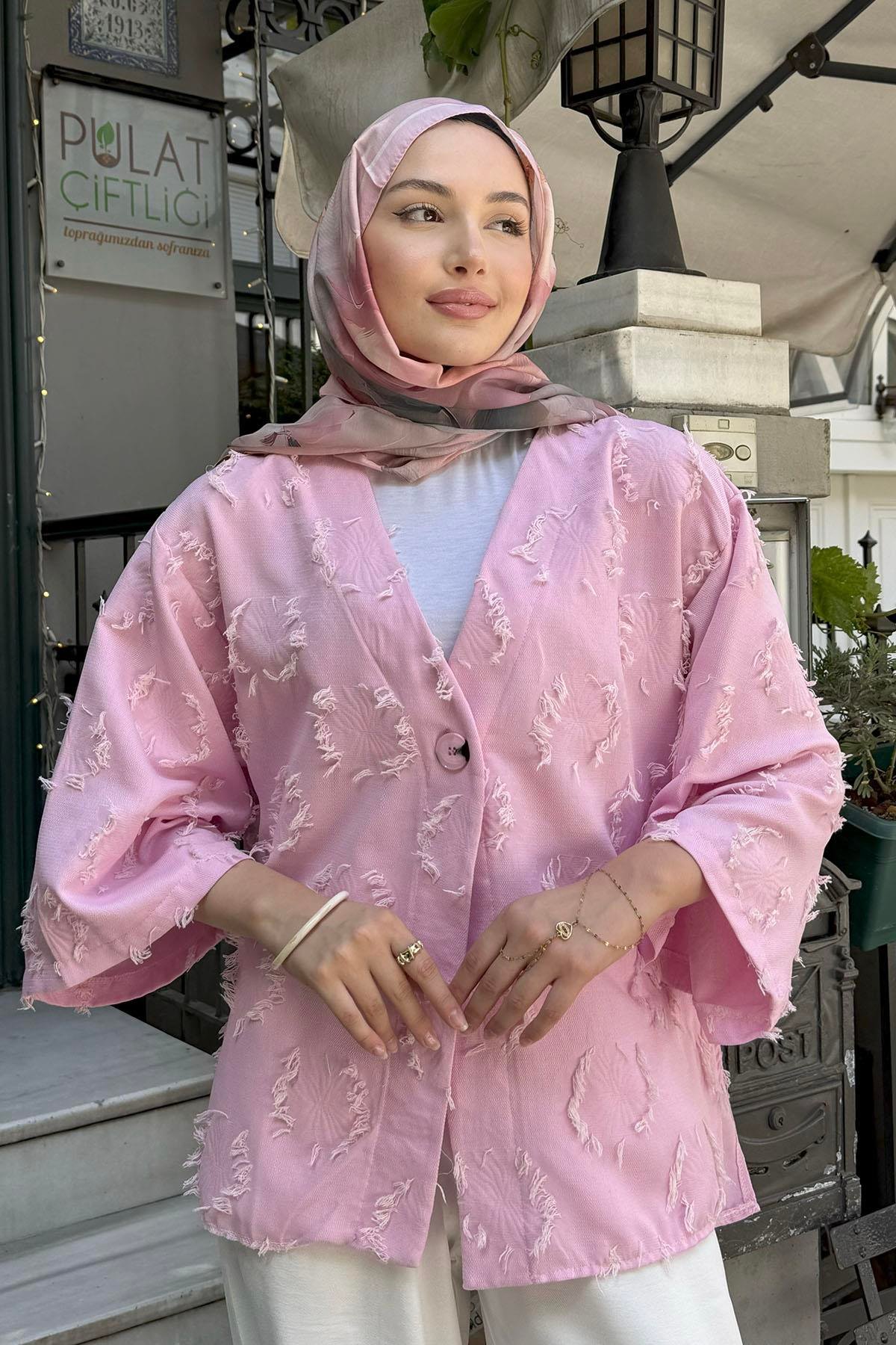 Püskül Dokulu V Yaka Ceketli Tesettür Pantolon Takım-PEMBE