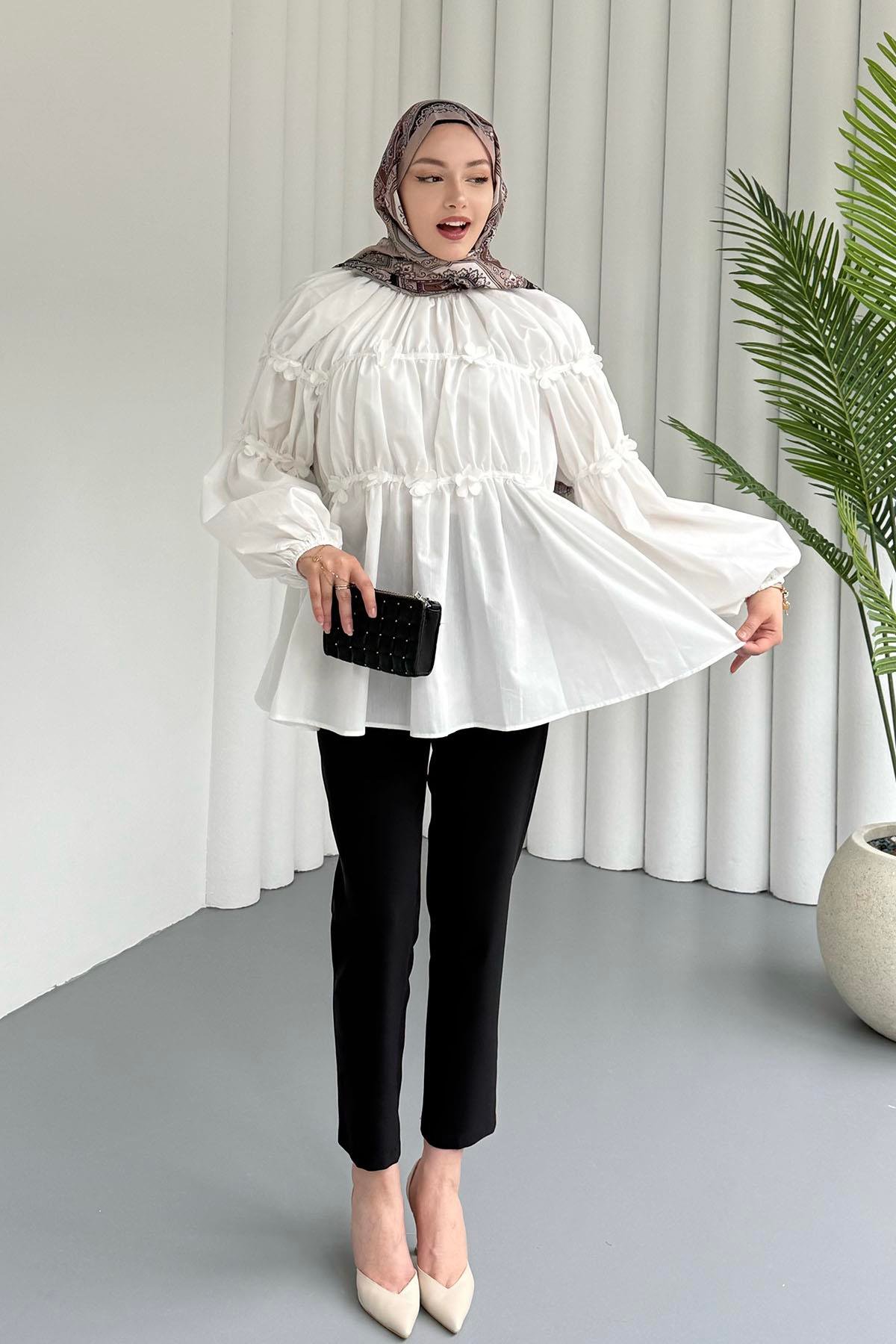 Reglan Minik Çiçek Detaylı Poplin Gömlek-EKRU