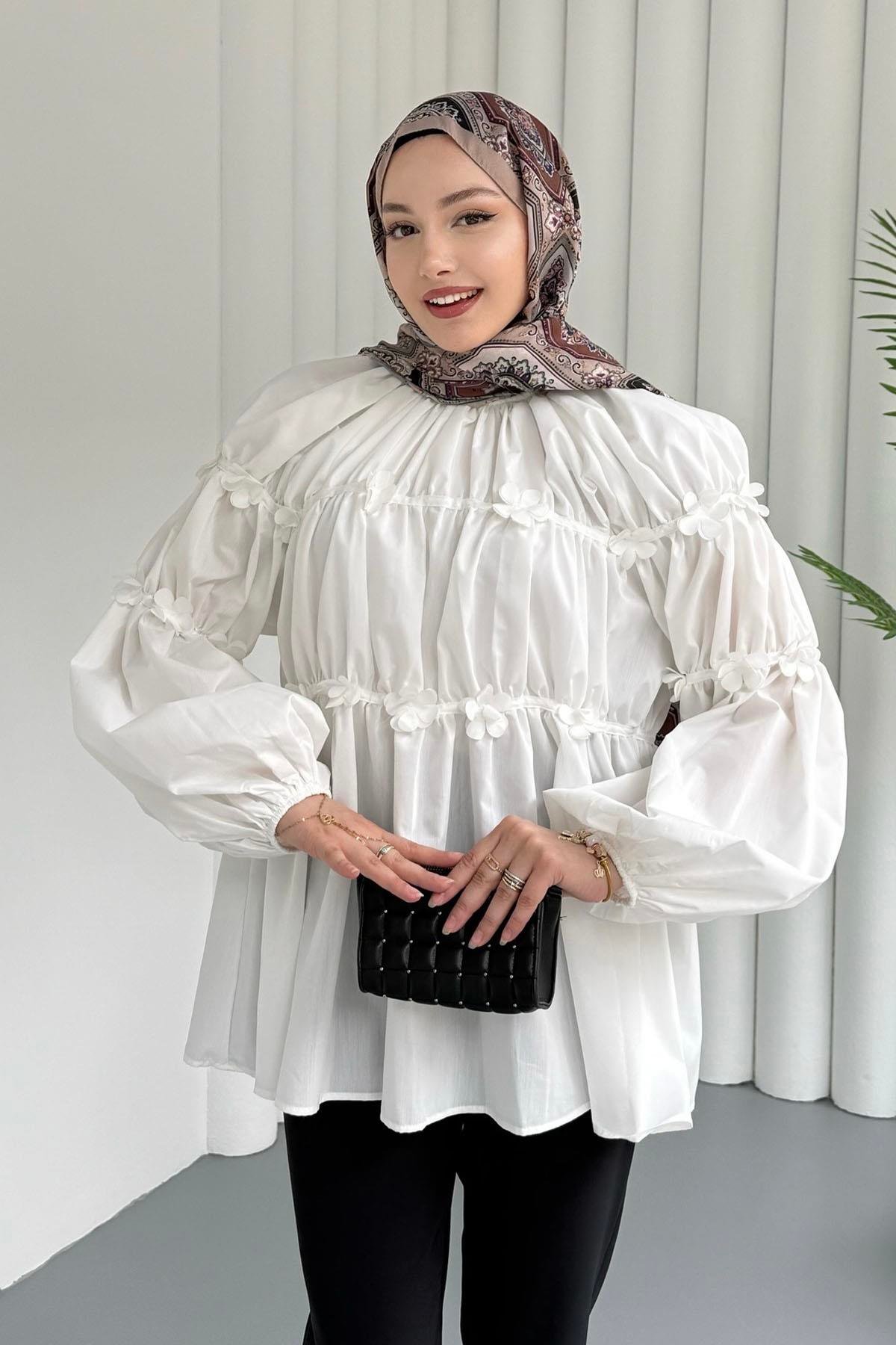 Reglan Minik Çiçek Detaylı Poplin Gömlek-EKRU