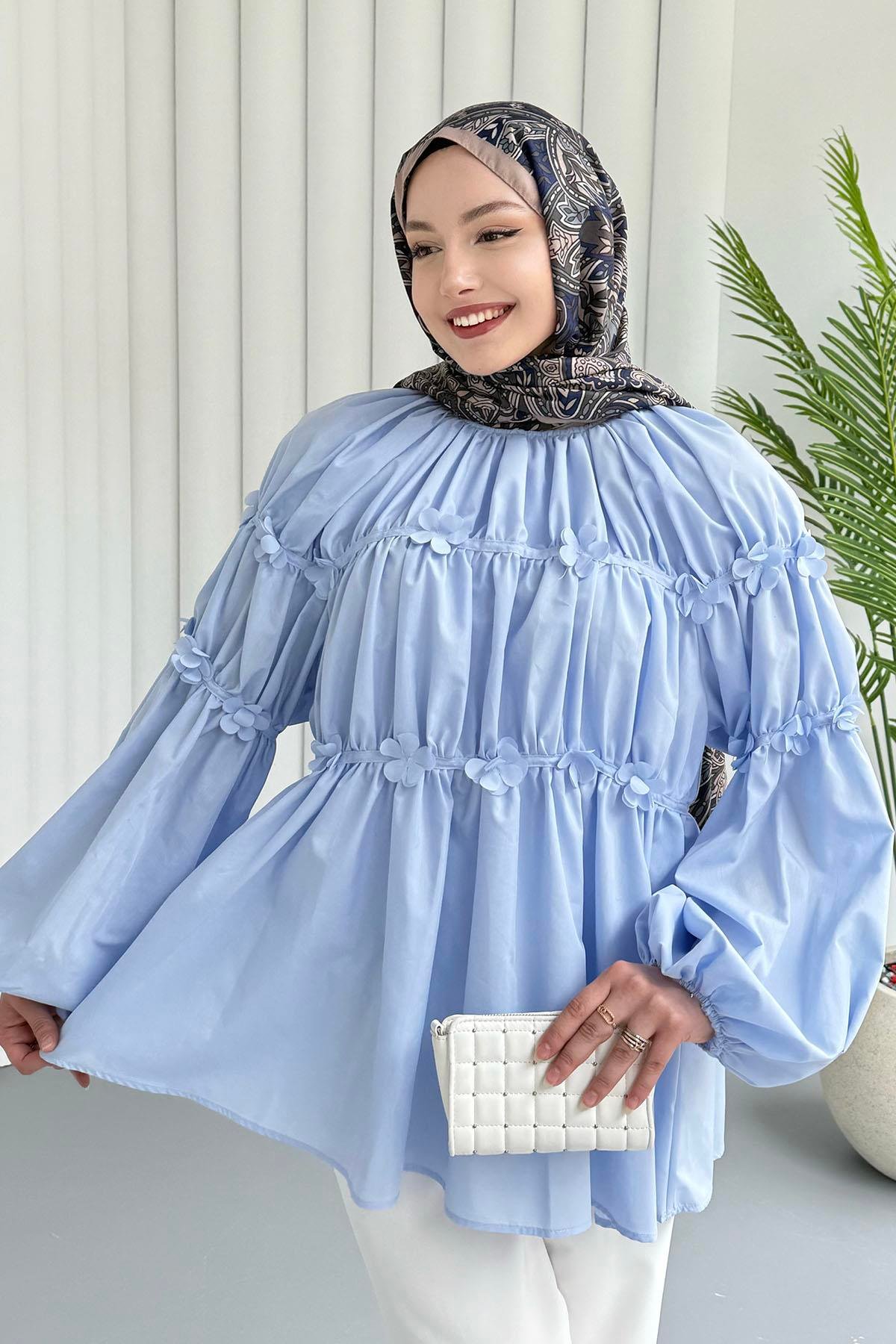 Reglan Minik Çiçek Detaylı Poplin Gömlek-MAVİ