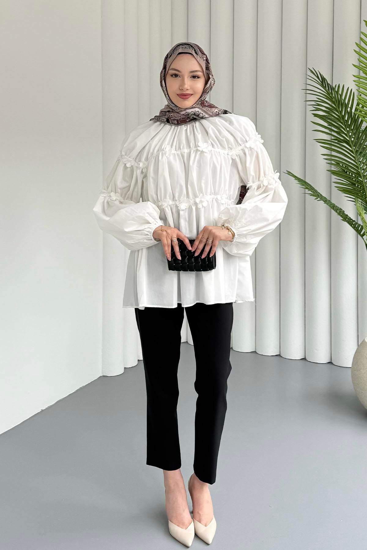 Reglan Minik Çiçek Detaylı Poplin Gömlek-EKRU