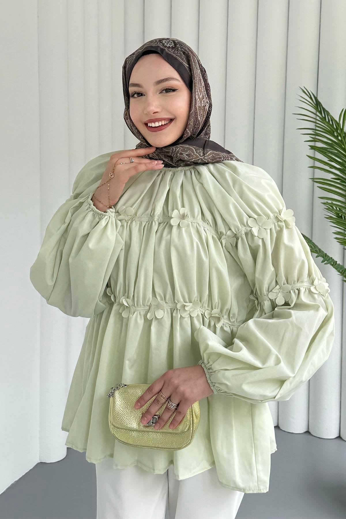 Reglan Minik Çiçek Detaylı Poplin Gömlek-YEŞİL