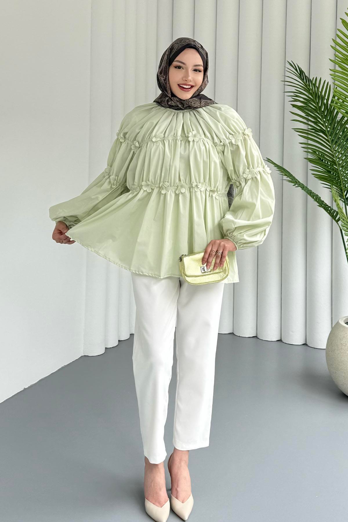 Reglan Minik Çiçek Detaylı Poplin Gömlek-YEŞİL