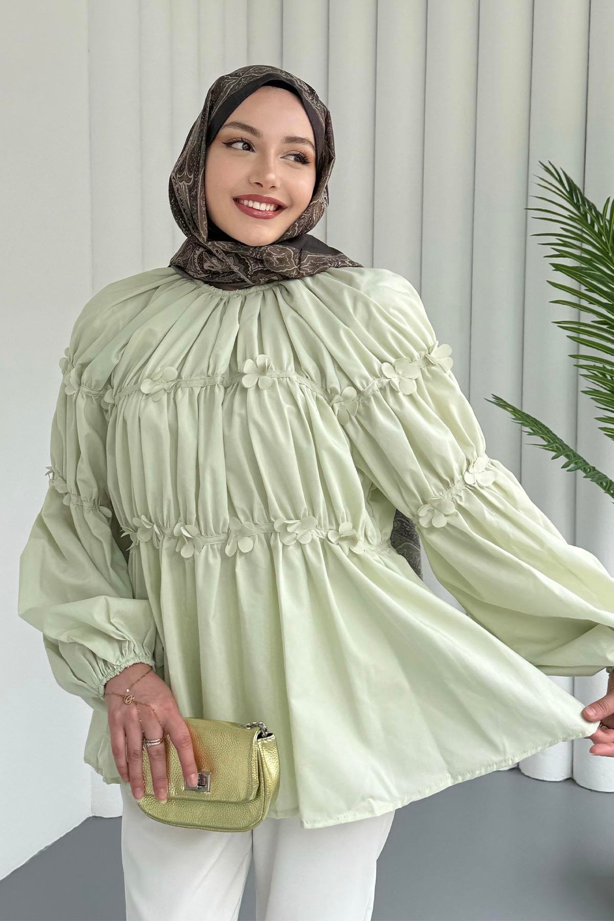 Reglan Minik Çiçek Detaylı Poplin Gömlek-YEŞİL